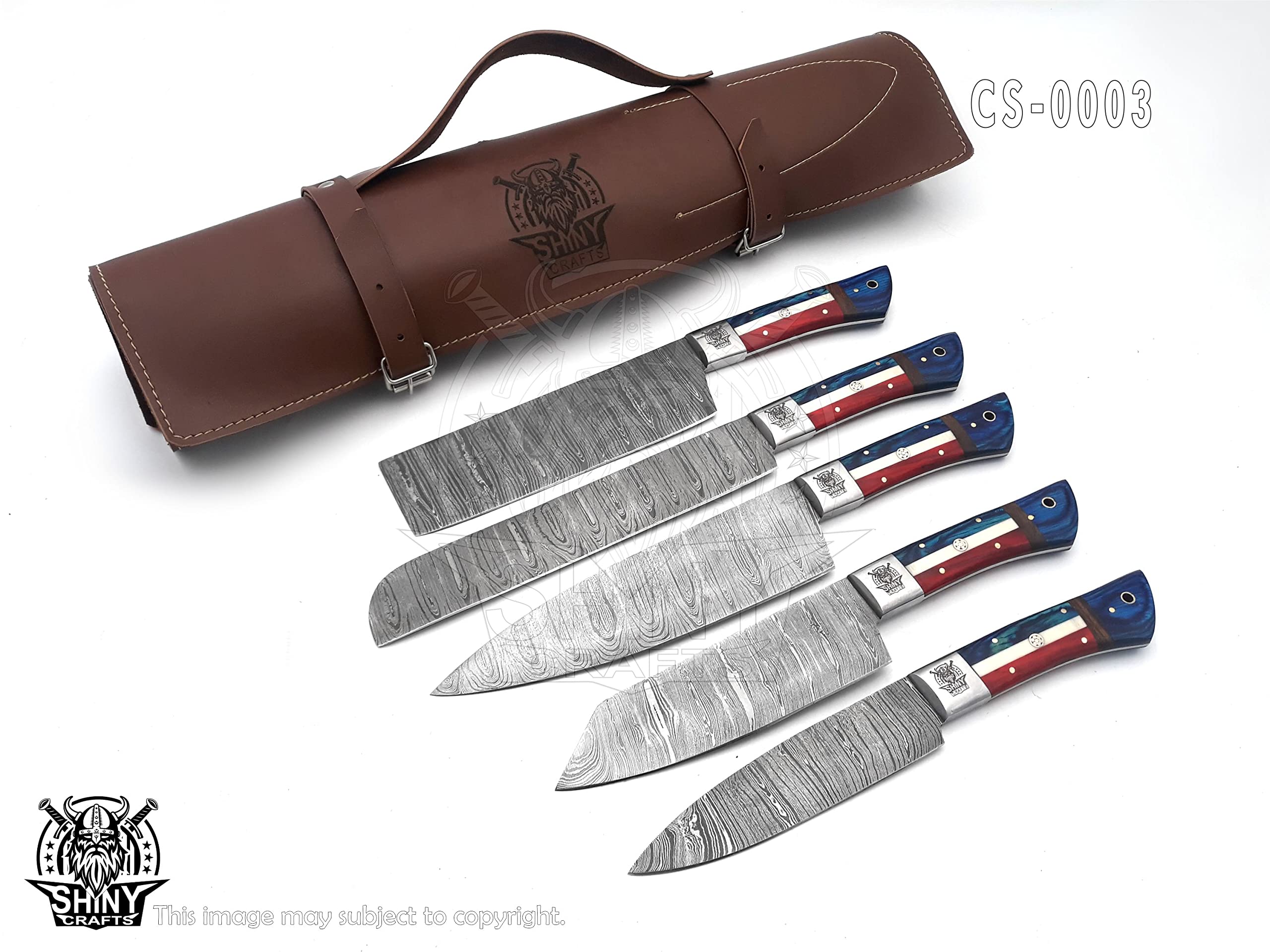 Premium Damascus Steel Chef Knife Set - Handcrafted Wood Handle Kitchen Knives with Razor-Sharp Blade & Leather Pouch Roll | Perfect for Professional Chefs, Home Cooking & Culinary Gifts (CS-03)