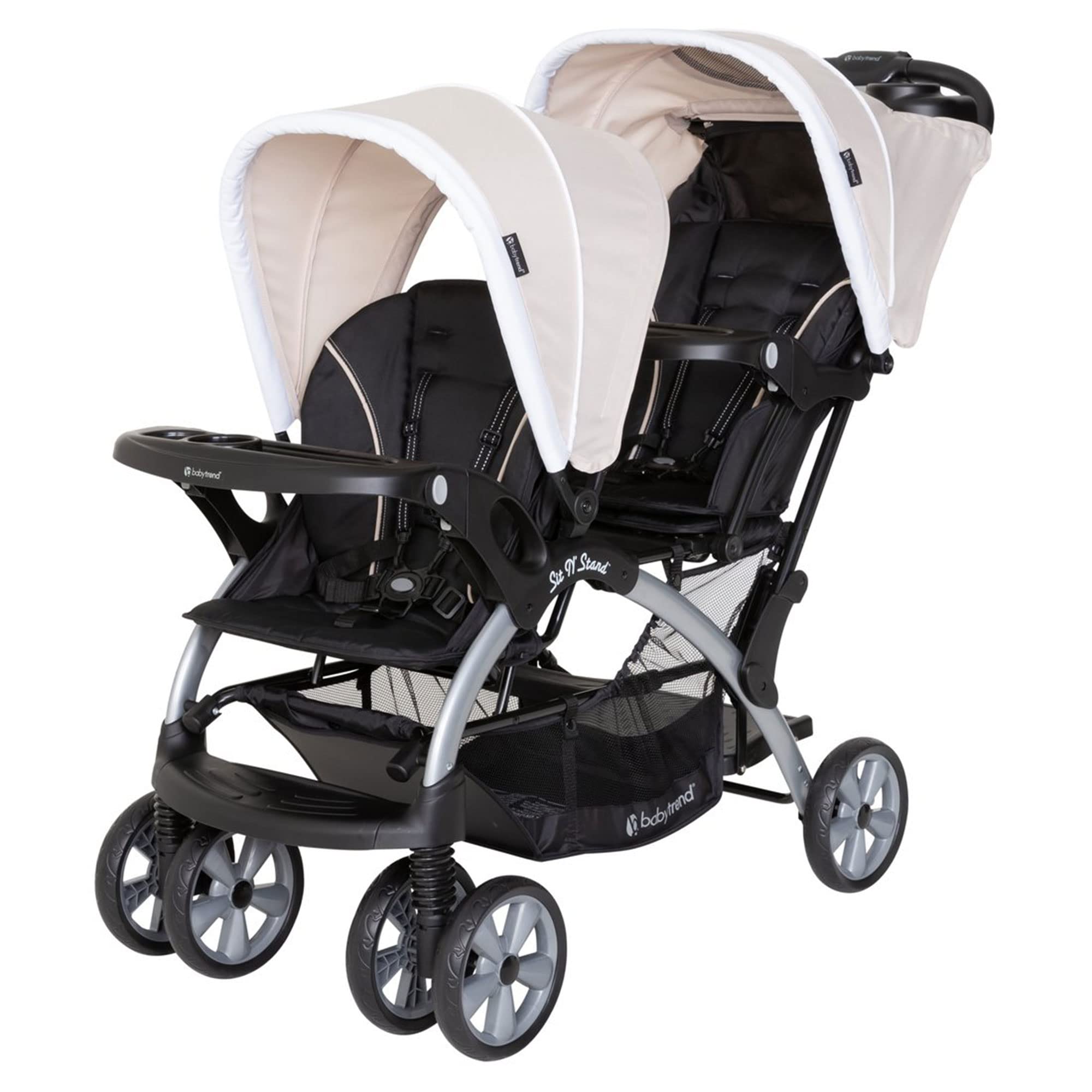 Baby Trend Double Sit N' Stand Stroller for Infant & Toddler - Lightweight Travel Stroller with 5-Point Harness & Storage Basket (Khaki) | Perfect for Twins, Siblings or Daycare Use