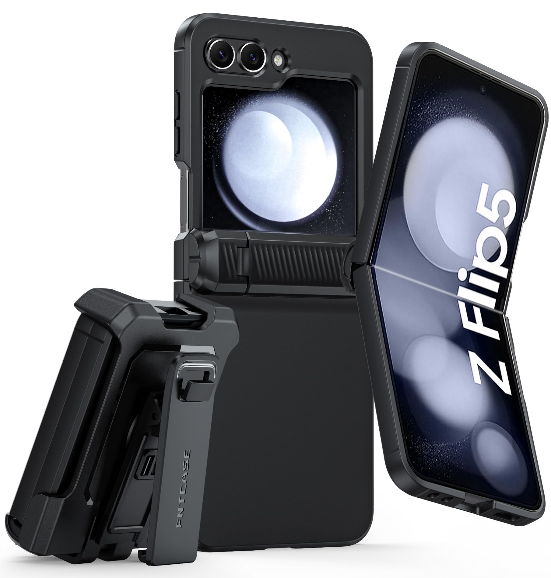 FNTCASE Rugged Shockproof Case for Samsung Galaxy Z Flip 5 (2023) - Slim Full Body Protection with Kickstand & Belt Clip | Durable Hard Cover for Z Flip 5 5G | Perfect for Outdoor Activities, Work & Travel (Black)
