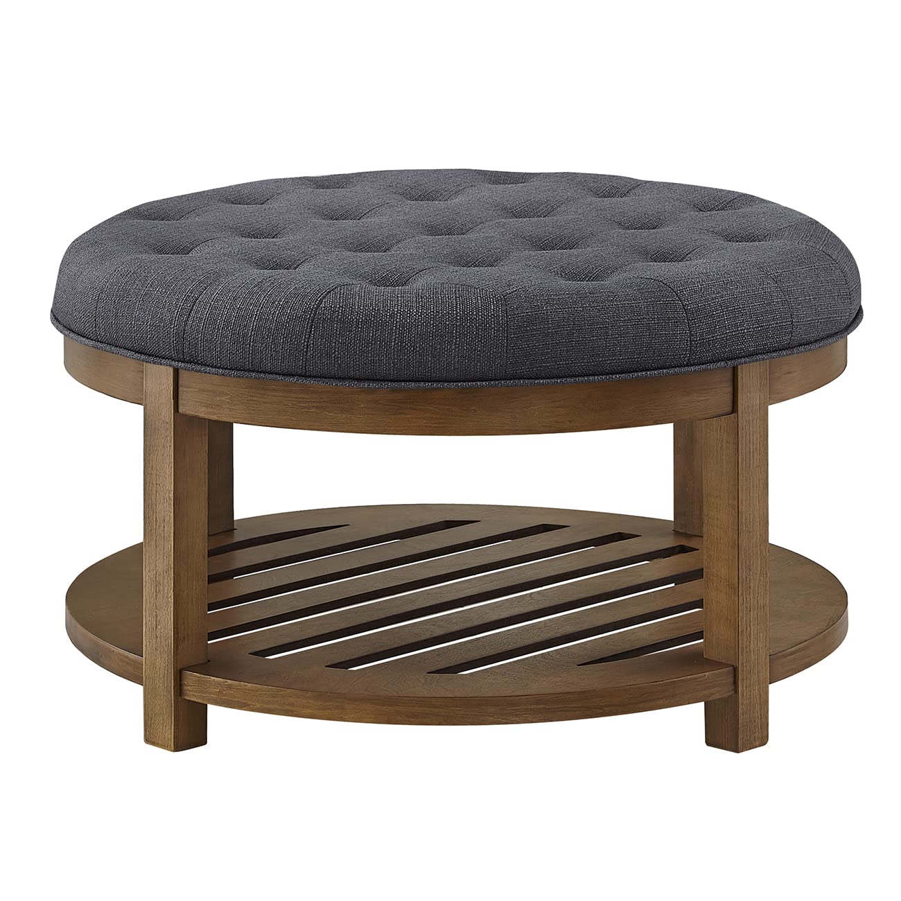 24K Gold Large Round Upholstered Tufted Linen Ottoman Coffee Table with Wood Shelf Storage - Charcoal Footrest Ottoman for Living Room, Bedroom & Home Decor