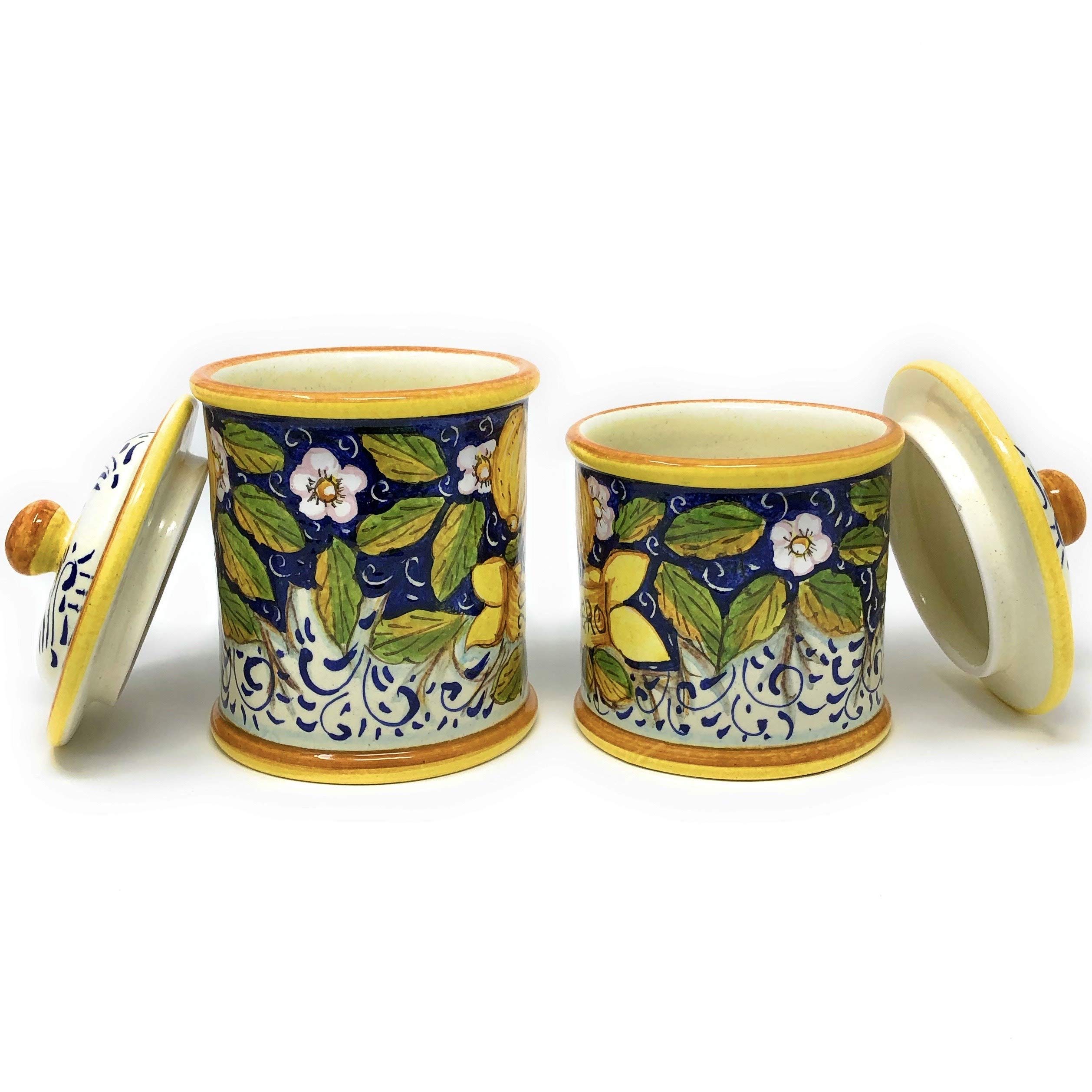 Italian Ceramic Food Storage Jars Set - Hand Painted Tuscan Lemon Design Kitchen Canisters for Salt, Sugar & Spices | Made in Italy Art Pottery for Home & Restaurant Decor