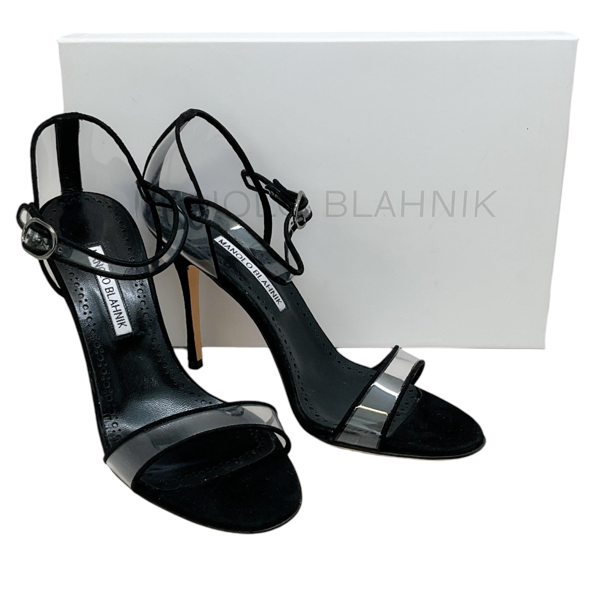 Manolo Blahnik Black Suede & PVC Heel Sandals for Women - Elegant High Heel Dress Shoes for Parties, Weddings & Evening Events