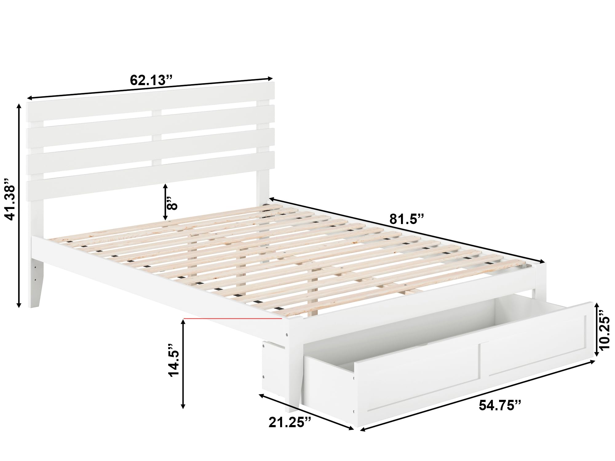 AFI Oxford Queen Size Platform Bed with Storage Drawer & USB Charging Station - Modern White Bed Frame for Small Spaces, Bedroom, Guest Room, Dorm