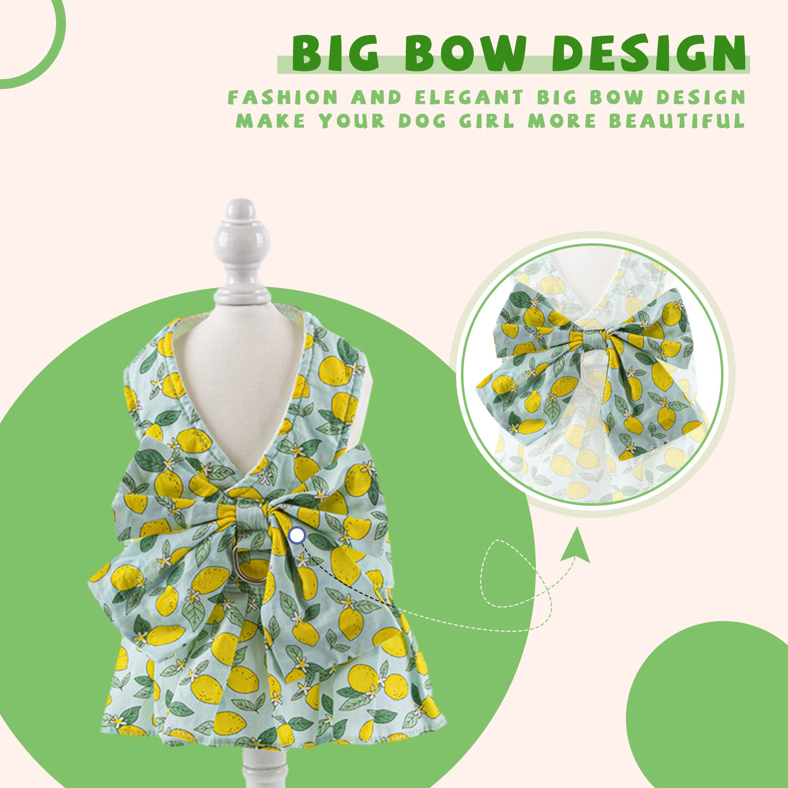 BAEJMJK Floral Princess Dog Dress with Bowknot Harness & Leash Set - Cute Puppy Outfits for Small Dogs & Cats - Breathable Summer Pet Clothes (Green, X-Small) - Perfect for Spring Walks, Photo Shoots & Special Occasions