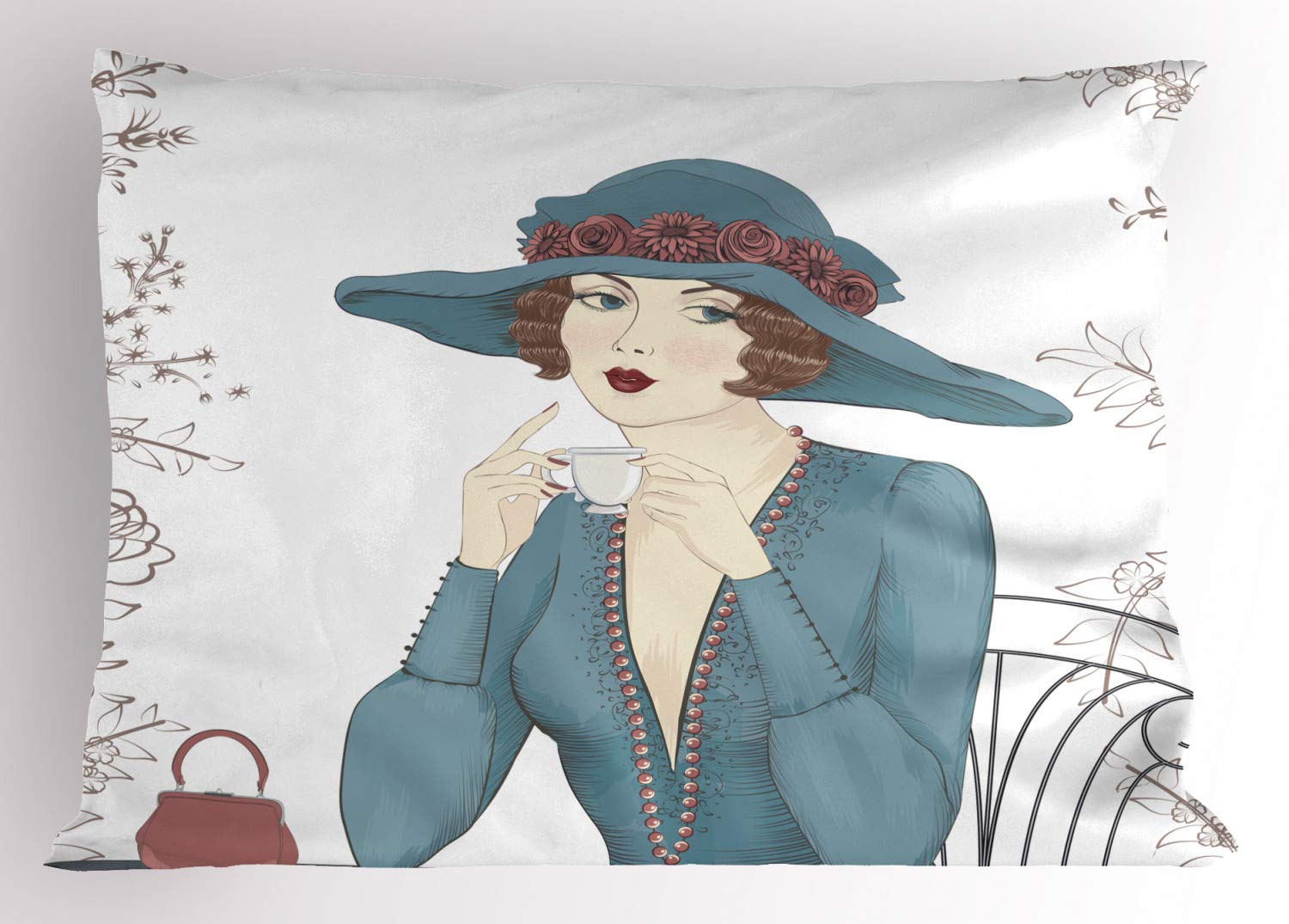 Ambesonne Vintage Woman Pillow Sham - Classic Portrait of Woman Sitting at Table with Coffee Cup, Decorative Standard Size Printed Pillow Cover 26x20 Inches, Multicolor - Perfect for Living Room, Bedroom & Home Decor