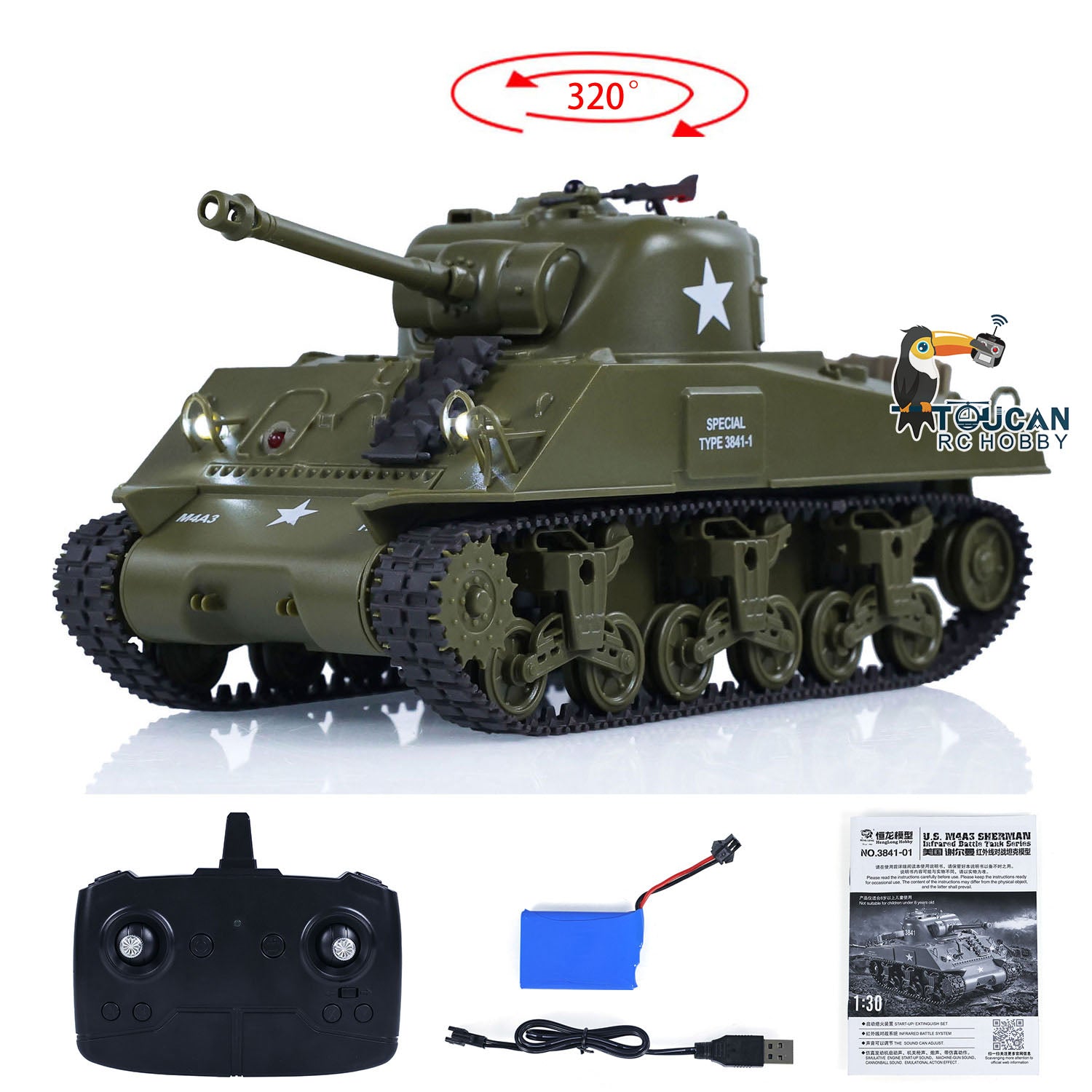Heng Long 1/30 Scale Plastic RC Battle Tank - Remote Control Panzer Sherman M4A3 3841-01 with 2.4G Infrared Combat System (US Stock) - Perfect for Military Enthusiasts, Collectors & RC Hobbyists