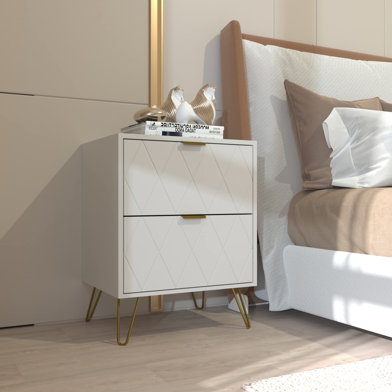 Anbuy White Nightstand Set of 2 - Modern End Tables with 2 Drawers & Gold Metal Legs for Bedroom, Living Room - Perfect for Storing Books, Lamps & Bedside Essentials