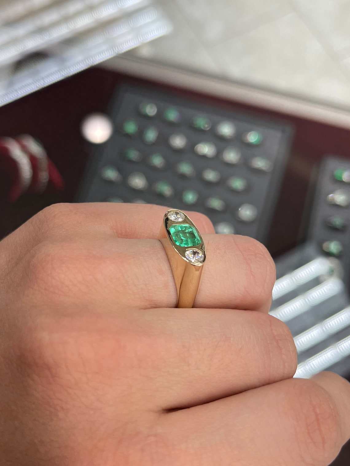 2.70ctw Emerald Cut Diamond & Brilliant Round Three Stone Gypsy Signet Ring in 14K Gold - Elegant Wedding Band, Anniversary Gift, Vintage Jewelry for Women