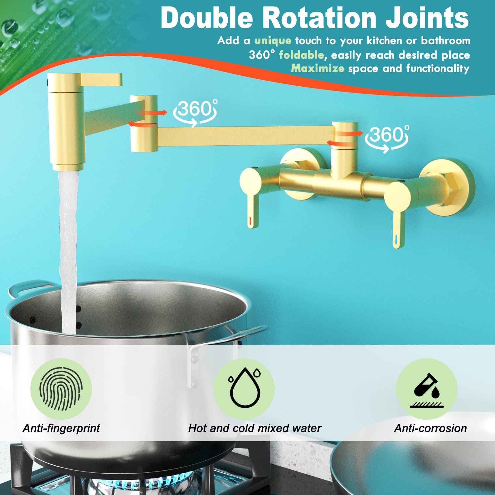 2 Hole Pot Filler Faucet - Hot & Cold Wall Mount Brass Folding Faucet with 3 Handles, 19