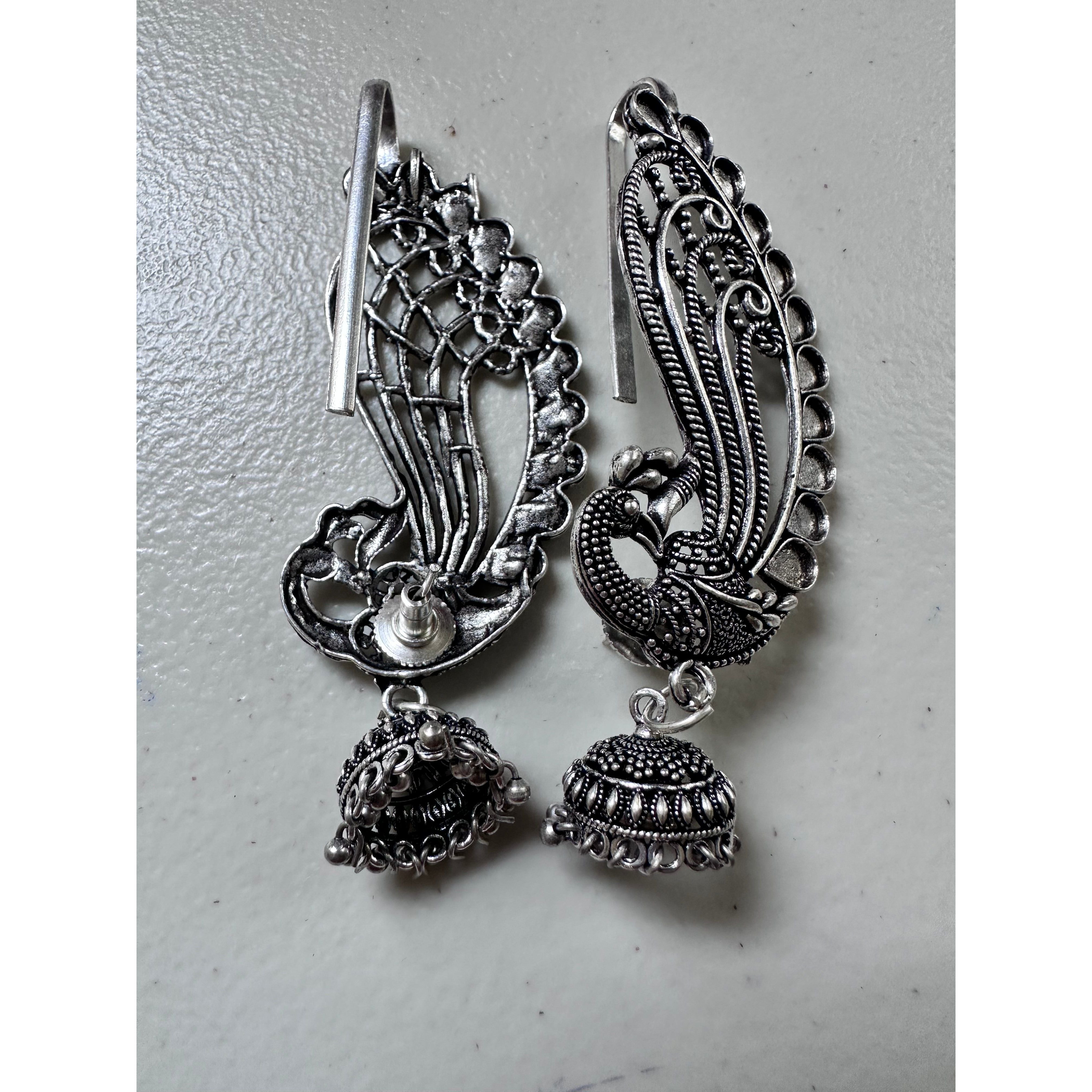 Elegant Peacock Feather Earrings with Adjustable Ear Cuff - Boho Chic Jewelry for Women | Perfect for Parties, Weddings & Special Occasions