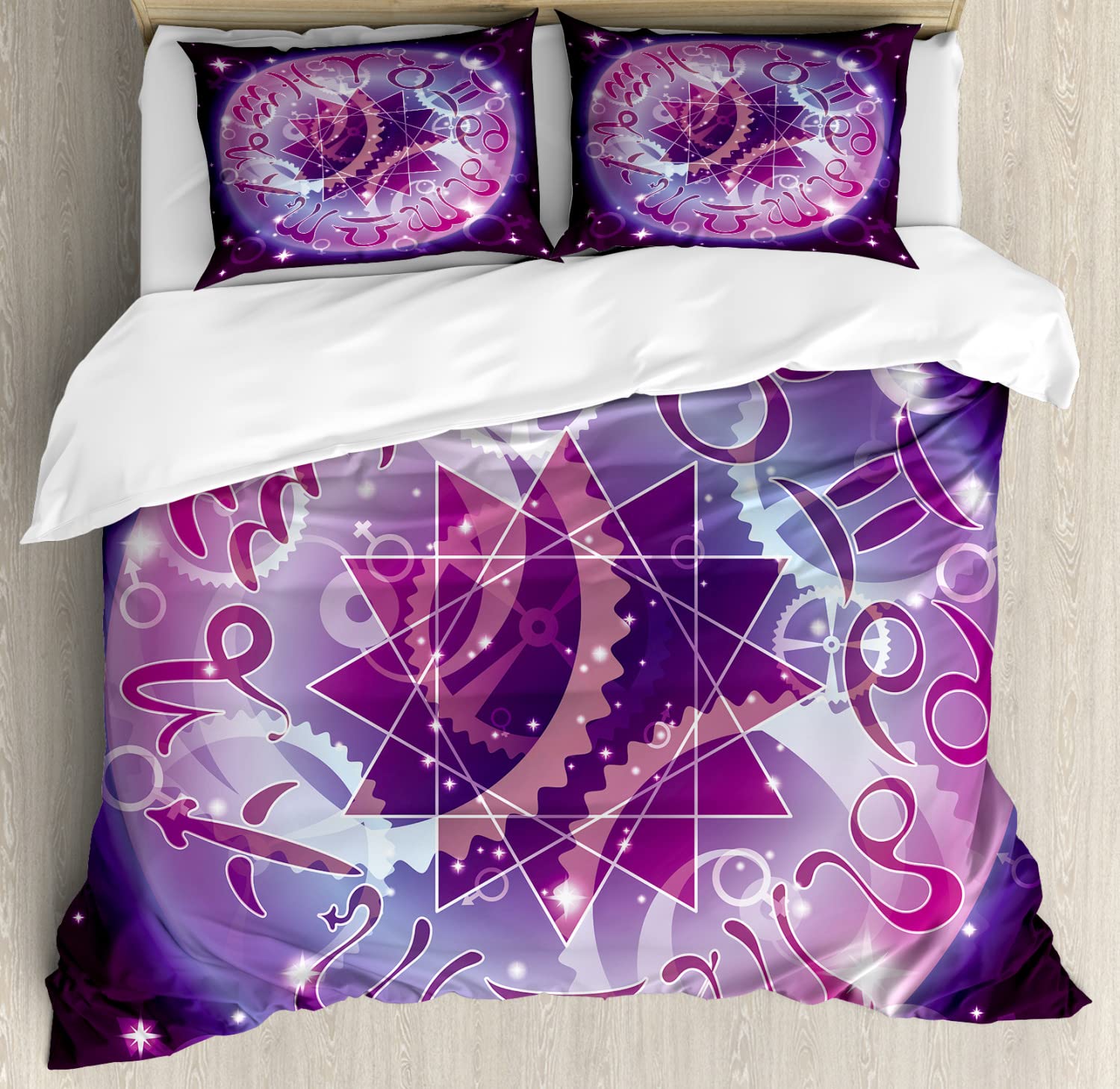 Ambesonne Astrology Duvet Cover Set - Queen Size 2-Pack with Zodiac Circle Space Design, Abstract Gender Signs & Star Center, Includes 2 Duvet Covers & 4 Pillowcases (Purple & Pale Blue) - Perfect for Astronomy Lovers' Bedroom Decor & Gift Ideas