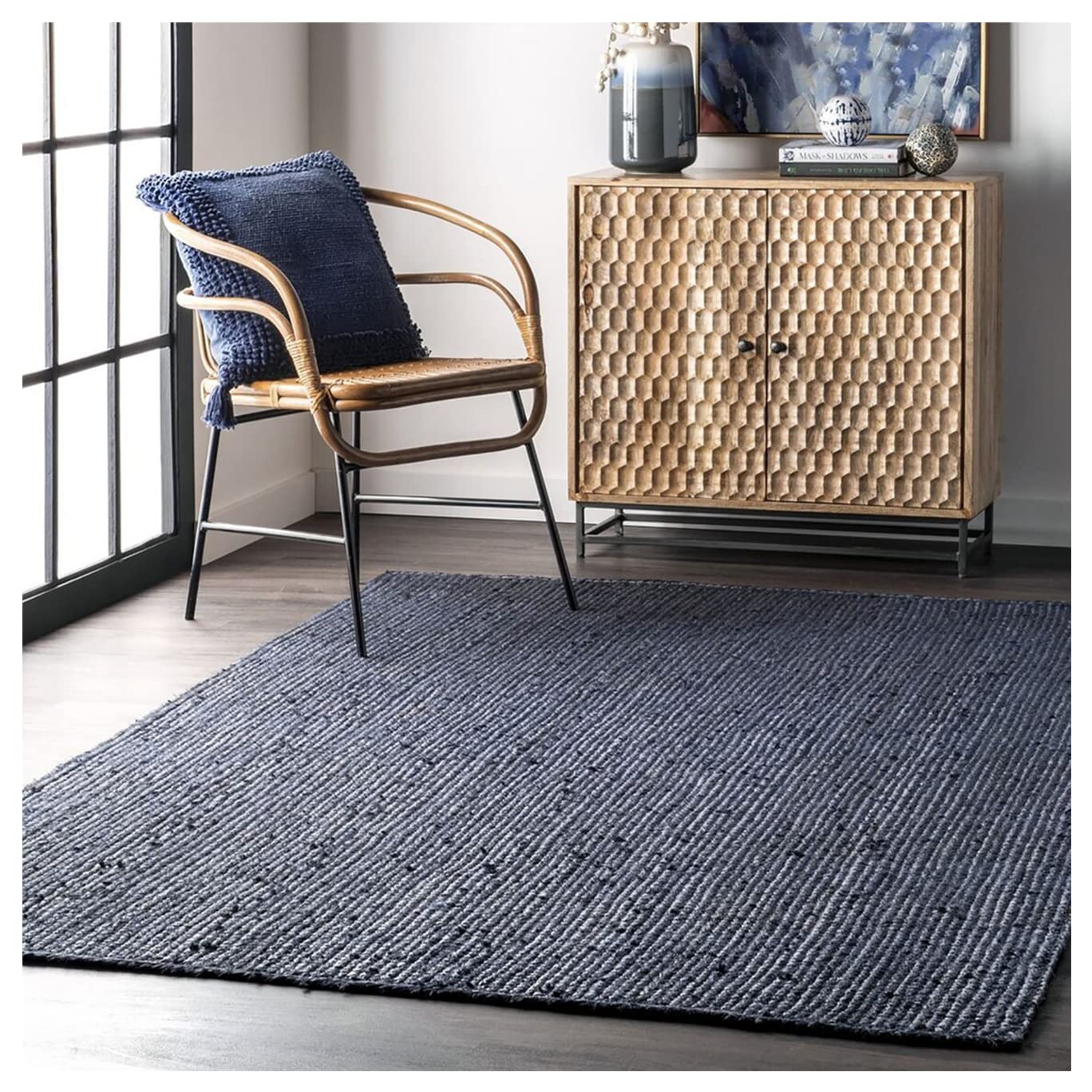 Handmade Solid Braided Jute Rug - Natural Fiber Area Rug in Navy Blue (6' x 9') - Rustic & Thick Woven Floor Mat for Living Room, Bedroom, or Patio Decor