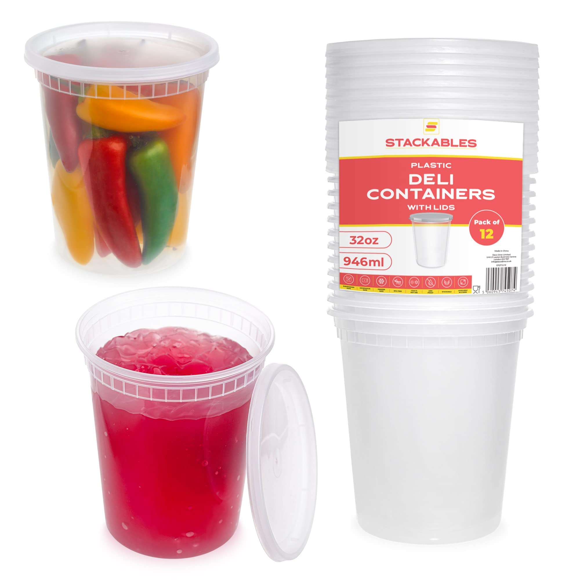 Stackables 12-Pack Round Food Storage Containers (32oz/946ml) with Lids - Reusable Microwave & Dishwasher Safe Plastic Deli Containers - Perfect for Meal Prep, Leftovers, Soup Storage & Takeout