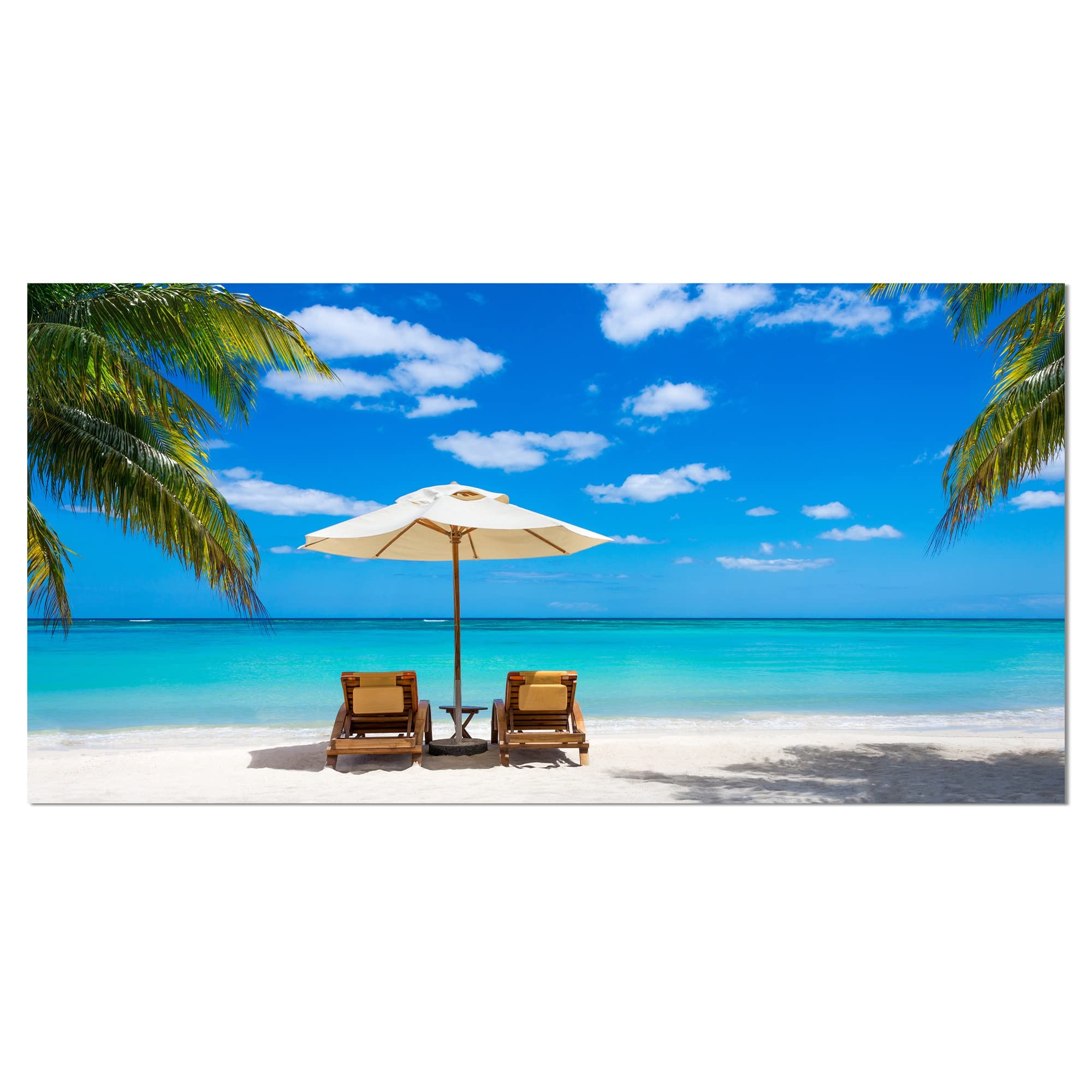 Turquoise Beach with Chairs Seashore Photo Canvas Print - 40x20 Inch Coastal Wall Art Decor - Blue Ocean Landscape Painting for Living Room, Bedroom & Office
