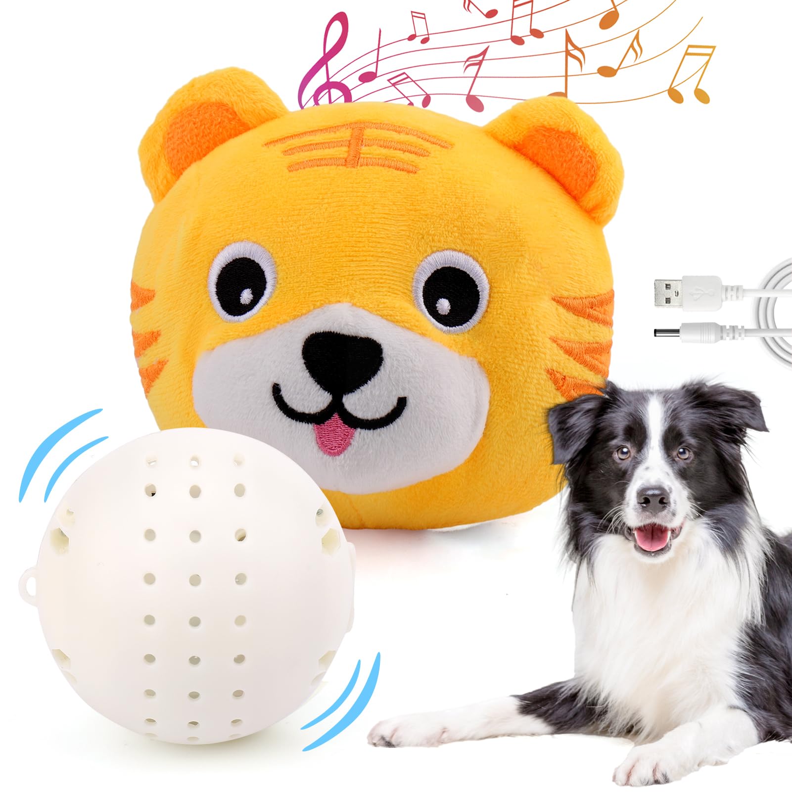Interactive Dog Toys for Small Medium Large Dogs - Squeaky Moving Ball with Chewable Plush Cover & Music, Active Pet Toy for Chasing & Play (Tiger Pattern) - Perfect for Indoor/Outdoor Playtime & Training