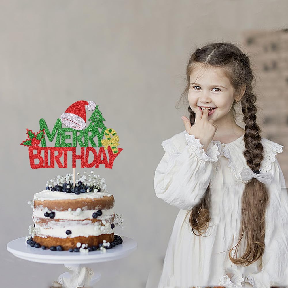 Merry Birthday Cake Topper - Red & Green Glitter Christmas Cake Decorations for Holiday Parties | Christmas, New Year & Winter Celebration Supplies | Perfect for Birthday Cakes, Christmas Desserts & Festive Gatherings
