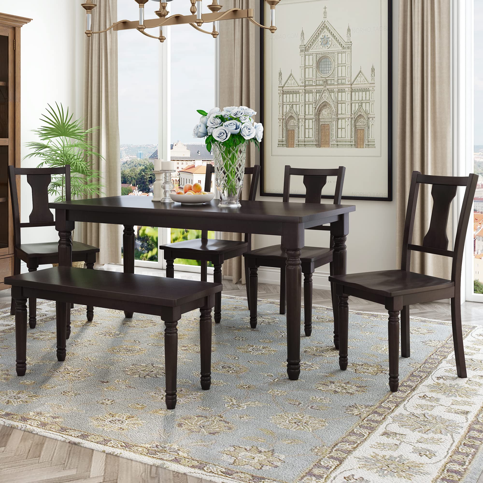 **P PURLOVE 6-Piece Retro Wooden Dining Set - Kitchen Table with 4 Chairs & 1 Bench, Espresso Finish - Seats 6, Perfect for Home Kitchen, Breakfast Nook & Small Dining Spaces**