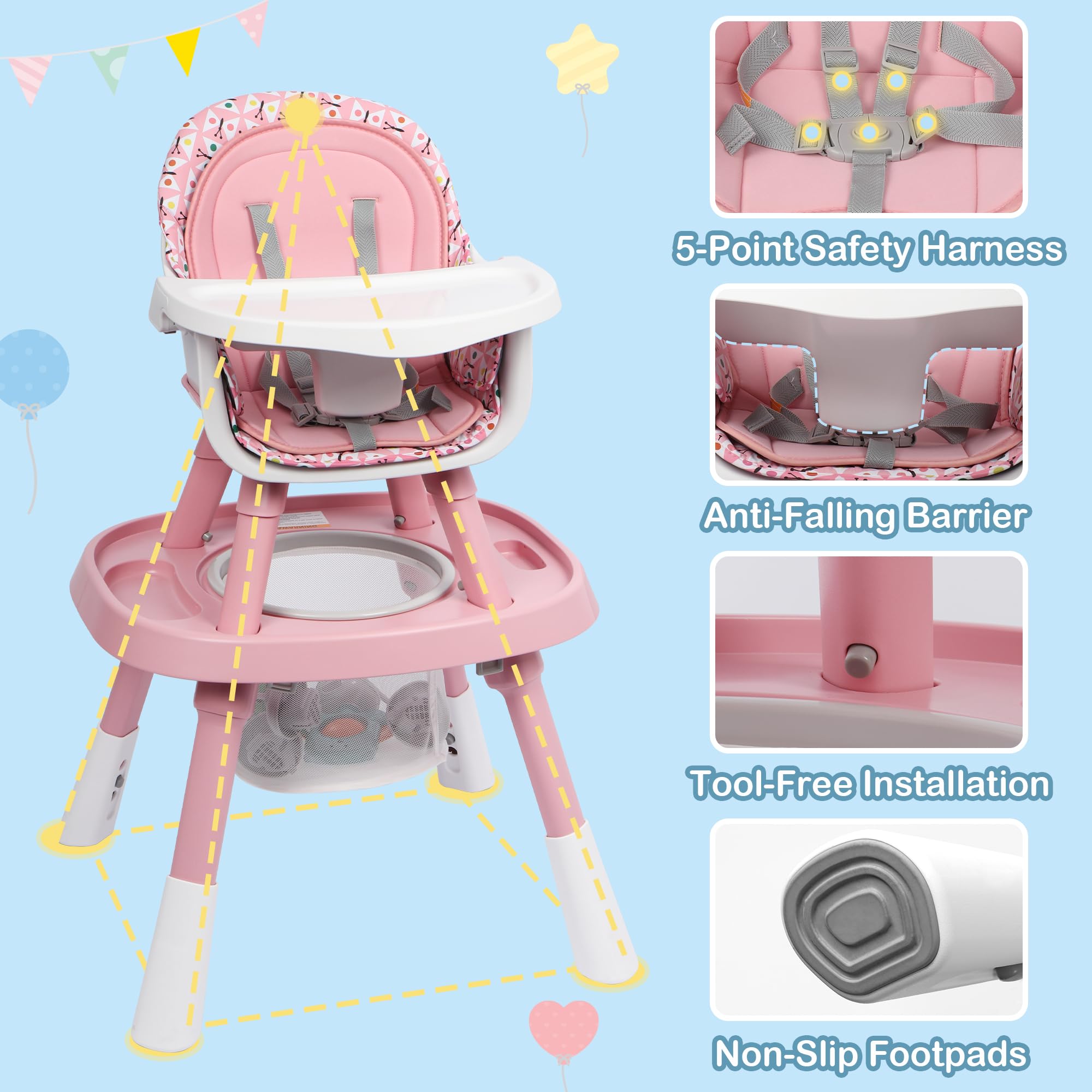 Xilingol 15-in-1 Convertible High Chair - 2-in-1 Baby Highchair & Activity Center with Toys, Booster Seat, Building Block Table | Toddler Chair with Removable Tray, 5-Point Harness & 2-Layer Cushion | Perfect for Feeding, Playtime & Learning Activities at Home