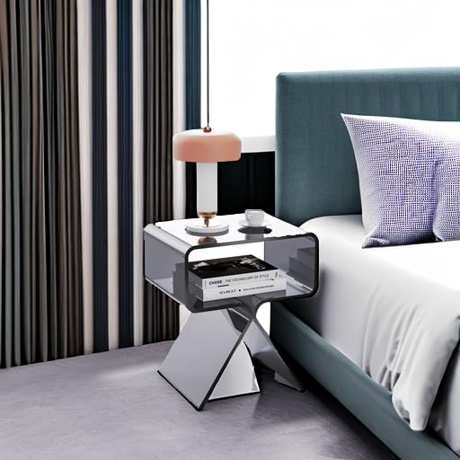 Modern Clear Acrylic Nightstand Side Table - Minimalist End Table for Bedroom, Living Room & Office - Sleek Black Home Decor Display Shelf with Storage