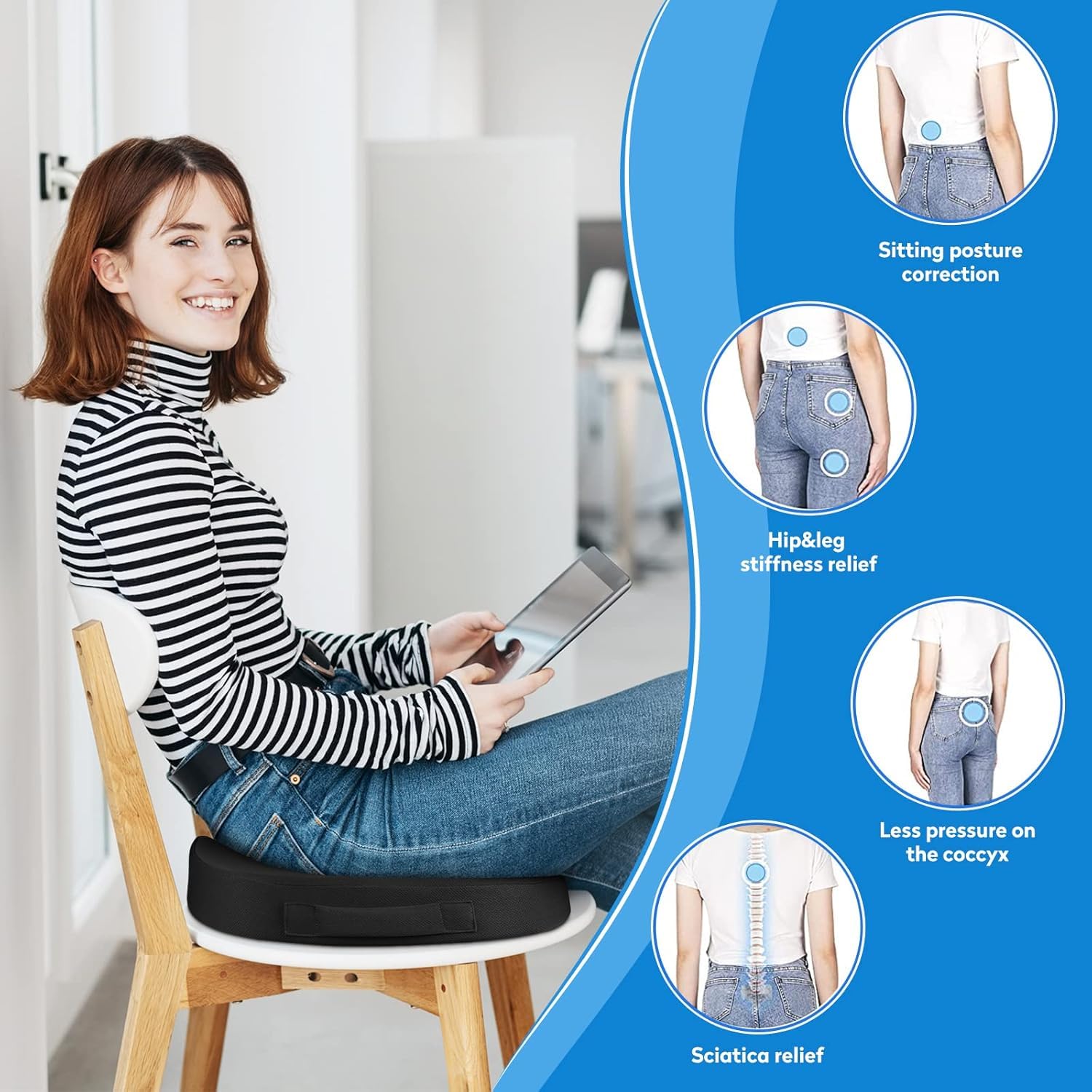 **Extra Large Memory Foam Seat Cushion for Office Chair, Car, Airplane & Wheelchair - Non-Slip Comfort Pad for Desk, Bleachers & Travel - Black (Ideal for Long Sitting, Back Pain Relief & Pressure Relief)**