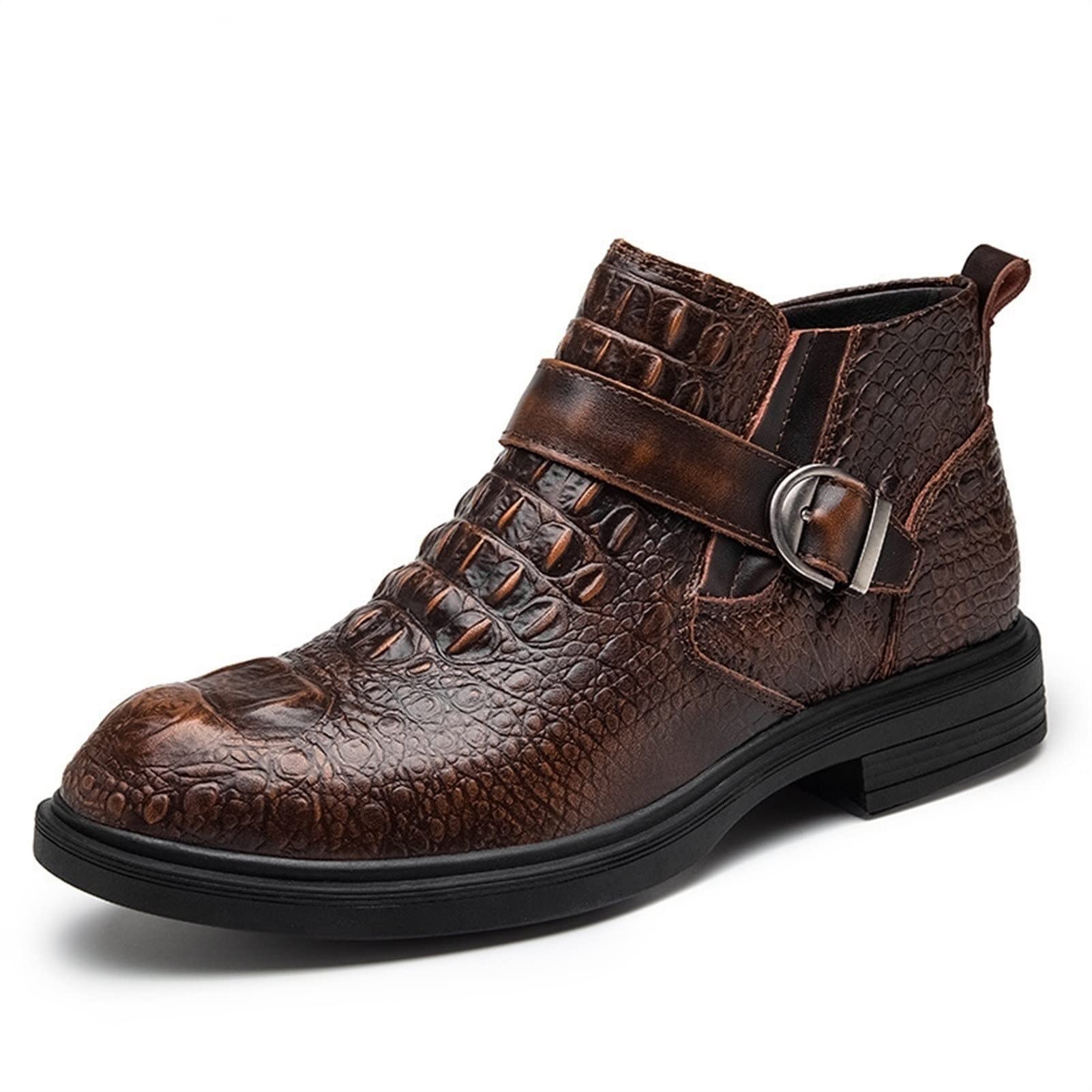 Men's Crocodile Print Lace Up Boots with Buckle & Side Zip - Anti-Slip Work Shoes for Outdoor, Construction & Casual Wear