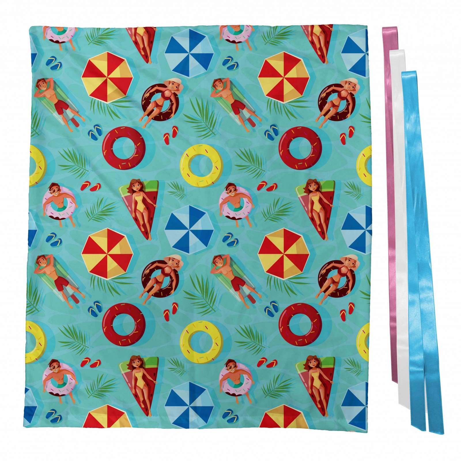 Ambesonne Pool Party Gift Bag - Summer Pool Doodle Design with Funny Swim Float Rubbers, Happy Boys & Girls Fabric Favor Pouch, 3 Ribbons, Multicolor - Perfect for Beach Parties, Birthday Favors & Summer Events