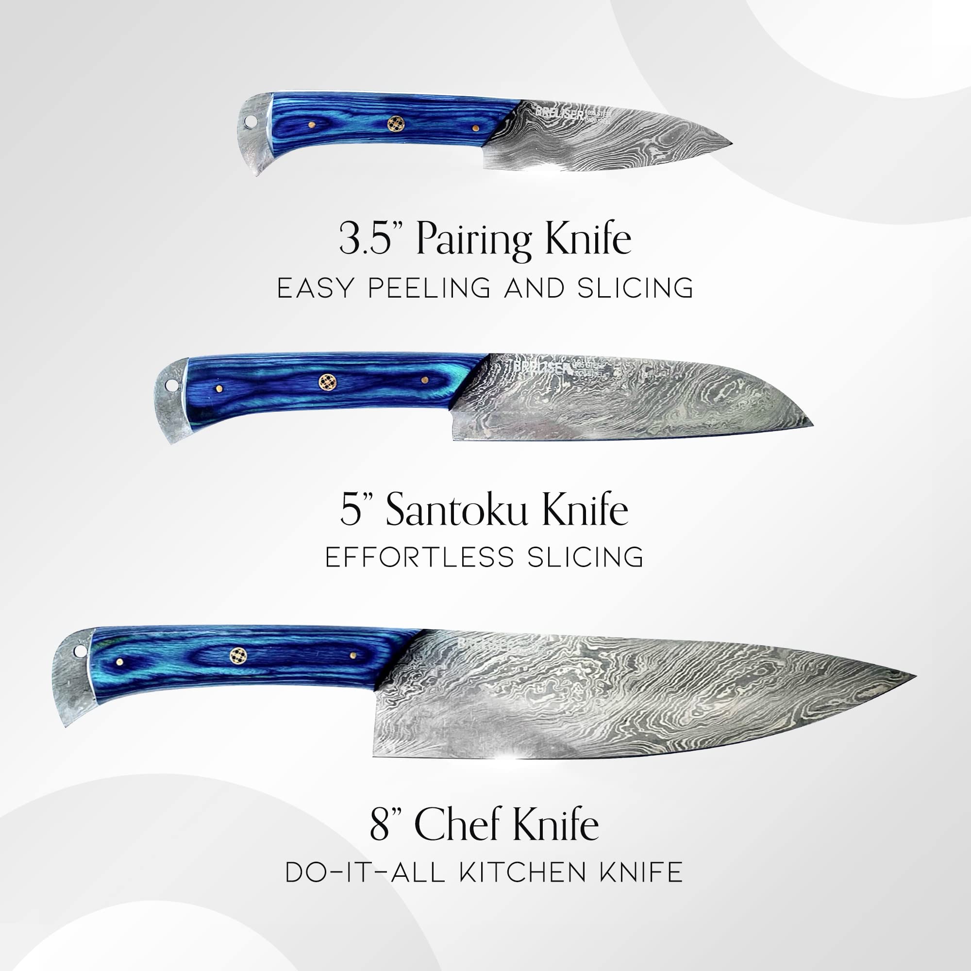 Premium 3-Piece Damascus Steel Kitchen Knife Set - Professional Chef Knife, Santoku & Paring Knife with Blue Pakkawood Handles - Perfect for Home Cooking, Professional Chefs & Gift Giving