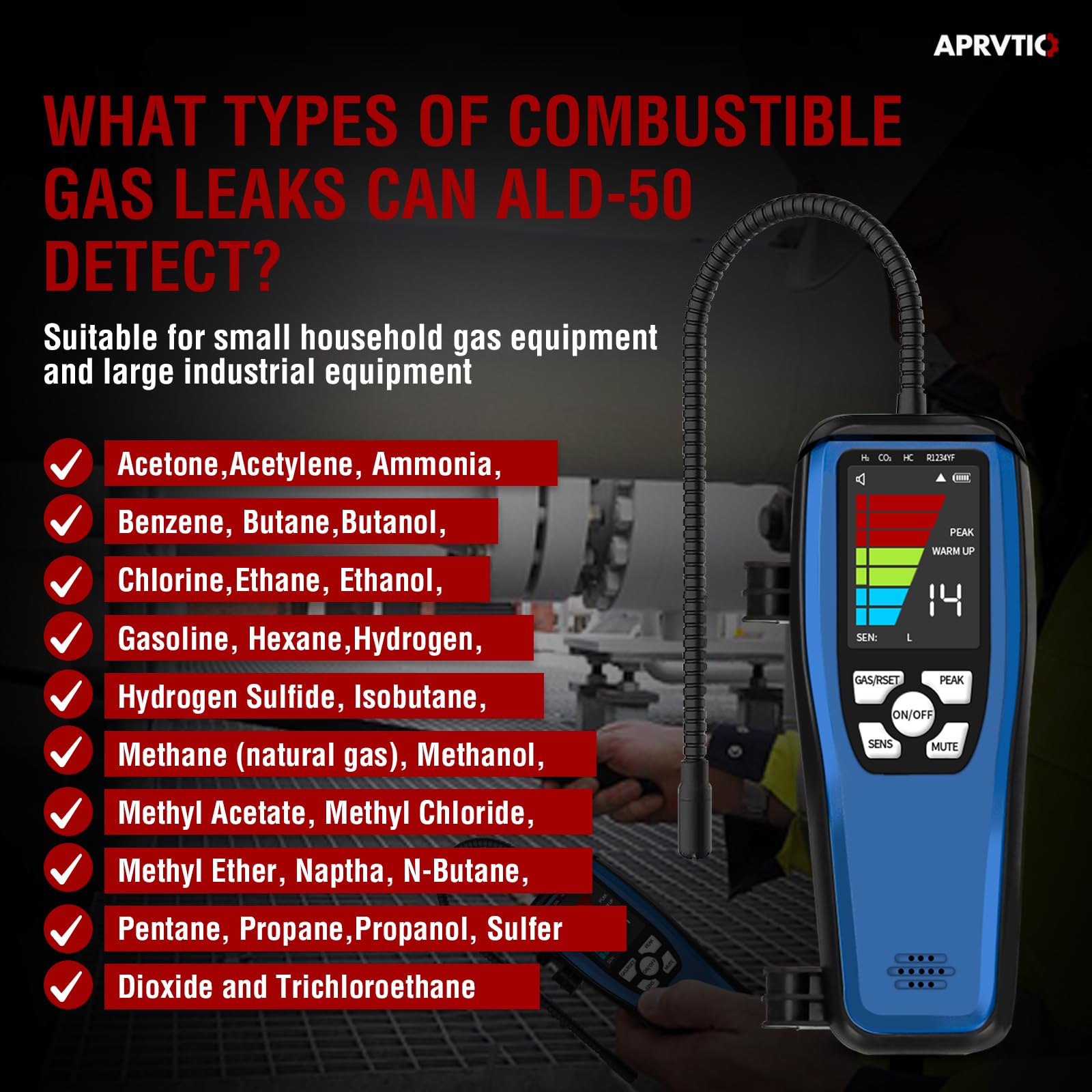 Aprvtio ALD-50 Natural Gas Leak Detector - Combustible & Propane Gas Detector with 16