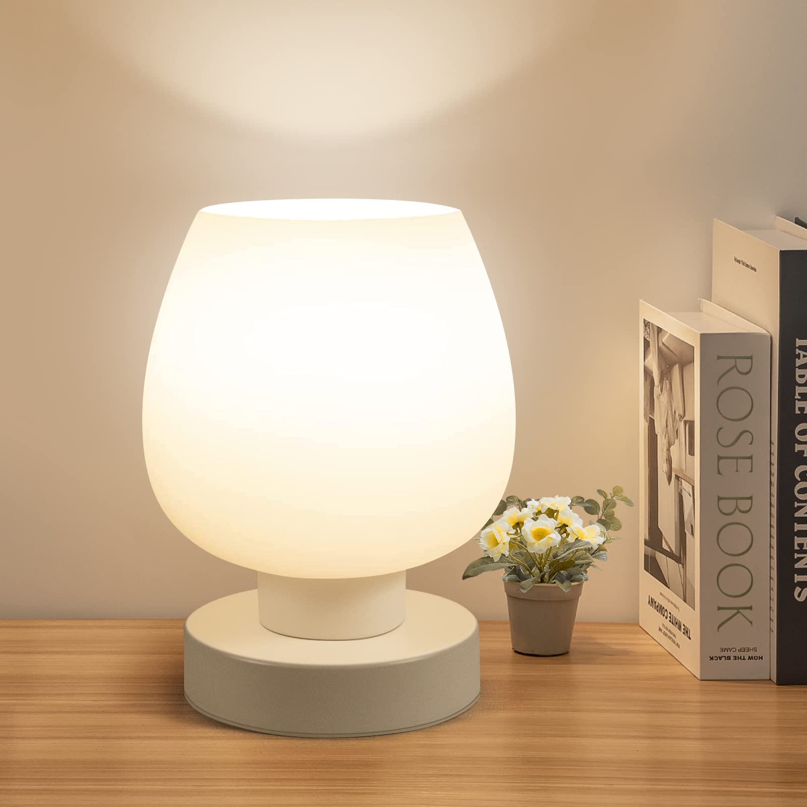 Touch Bedside Table Lamp - Modern Small LED Desk Lamp with White Opal Glass Shade, 3-Way Dimmable Warm Light, Minimalist Design for Bedroom, Living Room, Nightstand, Office, and Study Room Decor