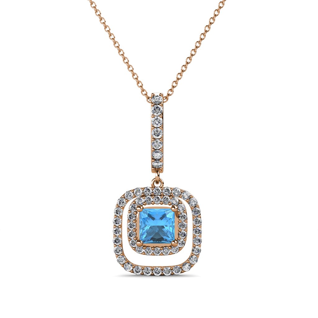 14K Rose Gold Blue Topaz and Diamond Halo Pendant Necklace for Women - 0.68ctw, 18