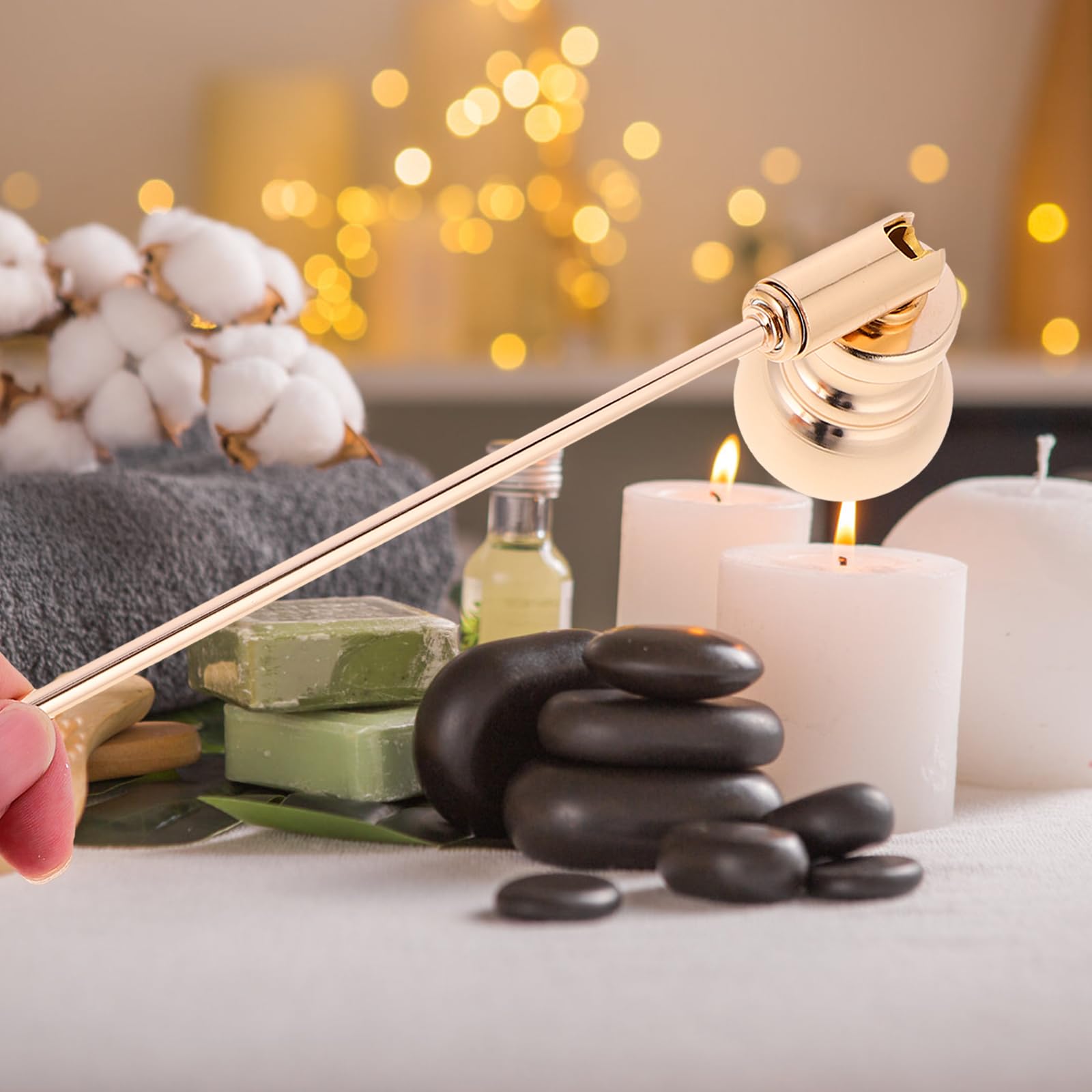 DOITOOL Long Handle Metal Candle Wick Snuffer - Polished Bell Shaped Flame Extinguisher Tool for Safely Putting Out Candles (Golden, 25cm) - Perfect for Home Decor, Romantic Dinners & Spa Relaxation