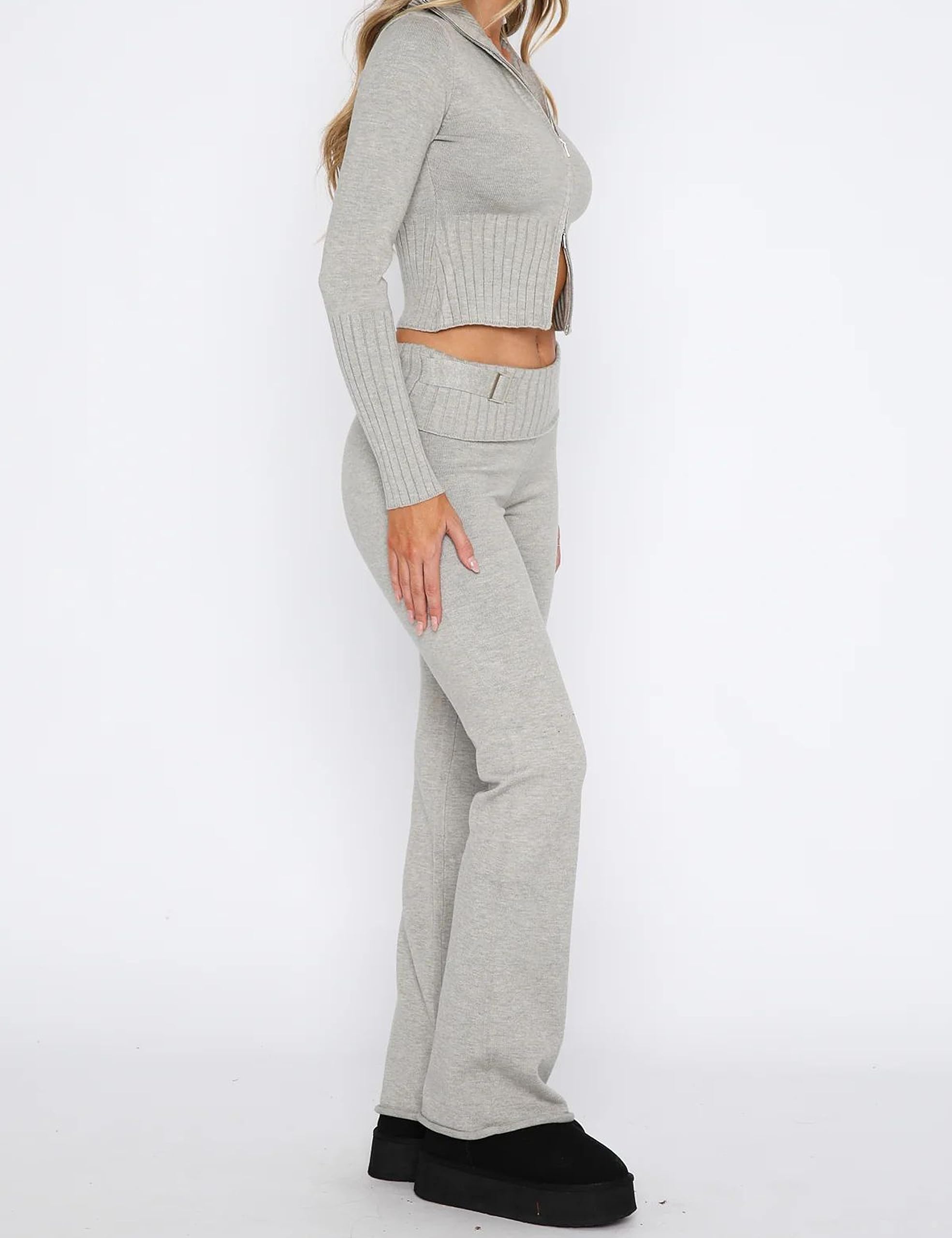 Springrain Women's 2-Piece Sweater Set - Ribbed Zip Hoodie & Knit Pants Lounge Outfit | Cozy Winter Loungewear for Home, Travel & Casual Wear