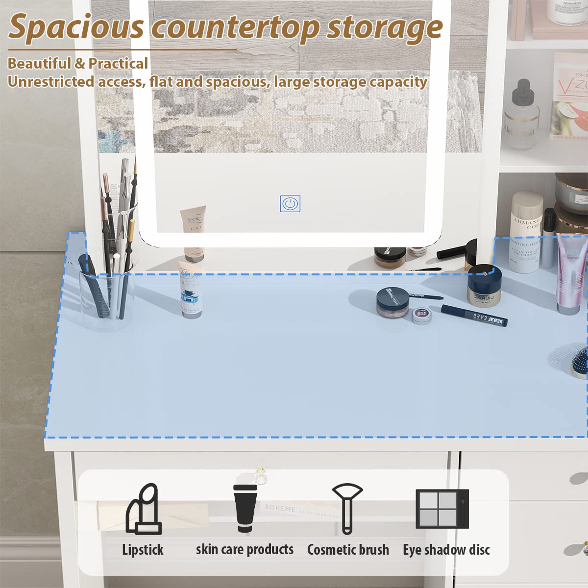 Large White Vanity Table Set with Lighted Mirror, 5 Drawers & Shelves - Makeup Dressing Desk with Cushioned Stool for Bedroom, Bathroom or Dorm Room Organization
