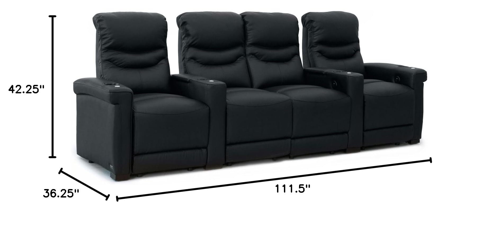 Octane Challenger XS700 4-Seat Power Recline Leather Home Theater Seating with Middle Loveseat - Black Straight Row for Movie Nights & Gaming Setup