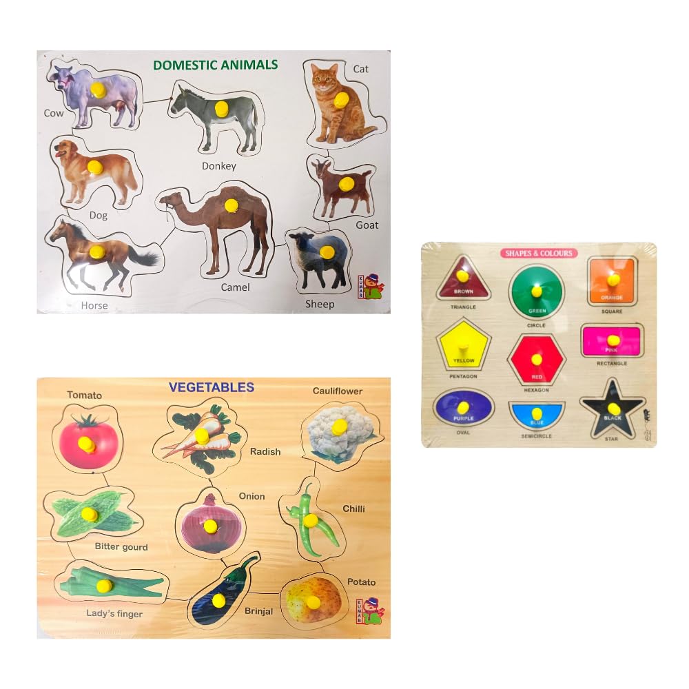 5-Piece Wooden Learning Puzzle Set for Kids & Adults - Alphabet, Numbers, Animals, Vegetables, Shapes - Educational Montessori Toys for Toddlers 3+ - Perfect for Homeschooling, Preschool Learning & Family Game Night