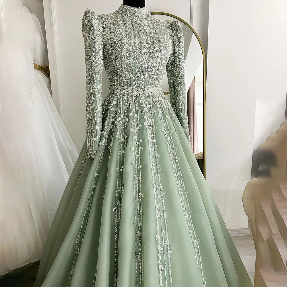 Luxury Sage Green Beaded Evening Gown - Arabic Designer Dubai A-Line Dress for Women | Wedding, Party & Formal Events 2025 | Elegant Prom, Gala & Special Occasion Wear