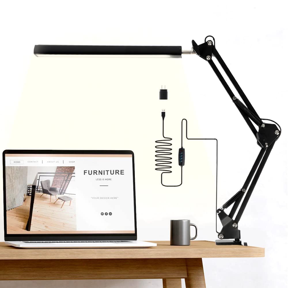 Adjustable Swing Arm Desk Lamp with Clamp - 3 Color Modes & 10 Brightness Levels, 79 Inch Power Cord, Black LED Clamp Light for Home Office, Study, Reading & Crafting