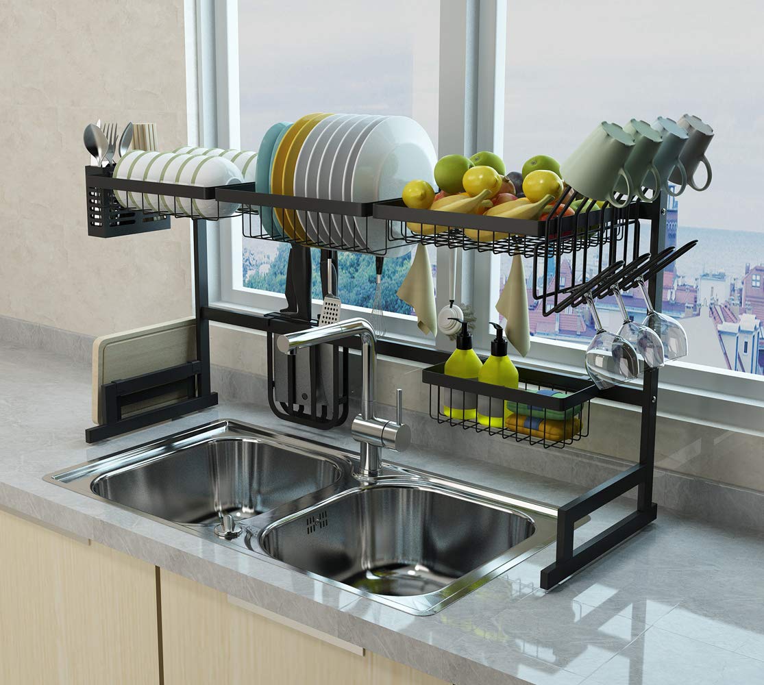Premium Stainless Steel Black Dish Drying Rack for Kitchen Sink | Space-Saving Utensil Holder & Countertop Organizer | Fits Sinks Up to 33.5 Inches | Perfect for Small Kitchens & Apartment Living