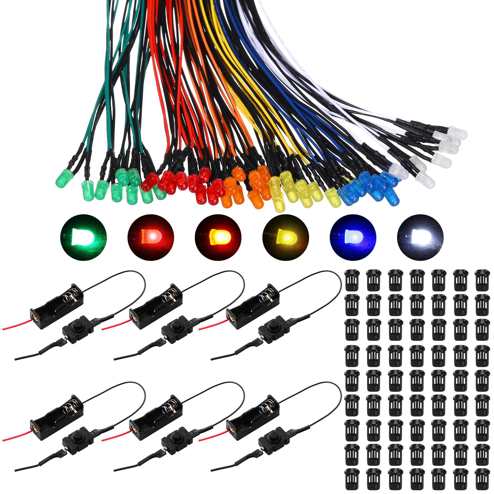 126 Pcs 12V LED Lights Kit - 60 Pre-Wired LED Diodes & 60 Plastic Holders with 6 Battery Cases for Model Crafts, Dollhouse Decor (5mm) - Perfect for DIY Projects, Home Decoration, and Miniature Lighting