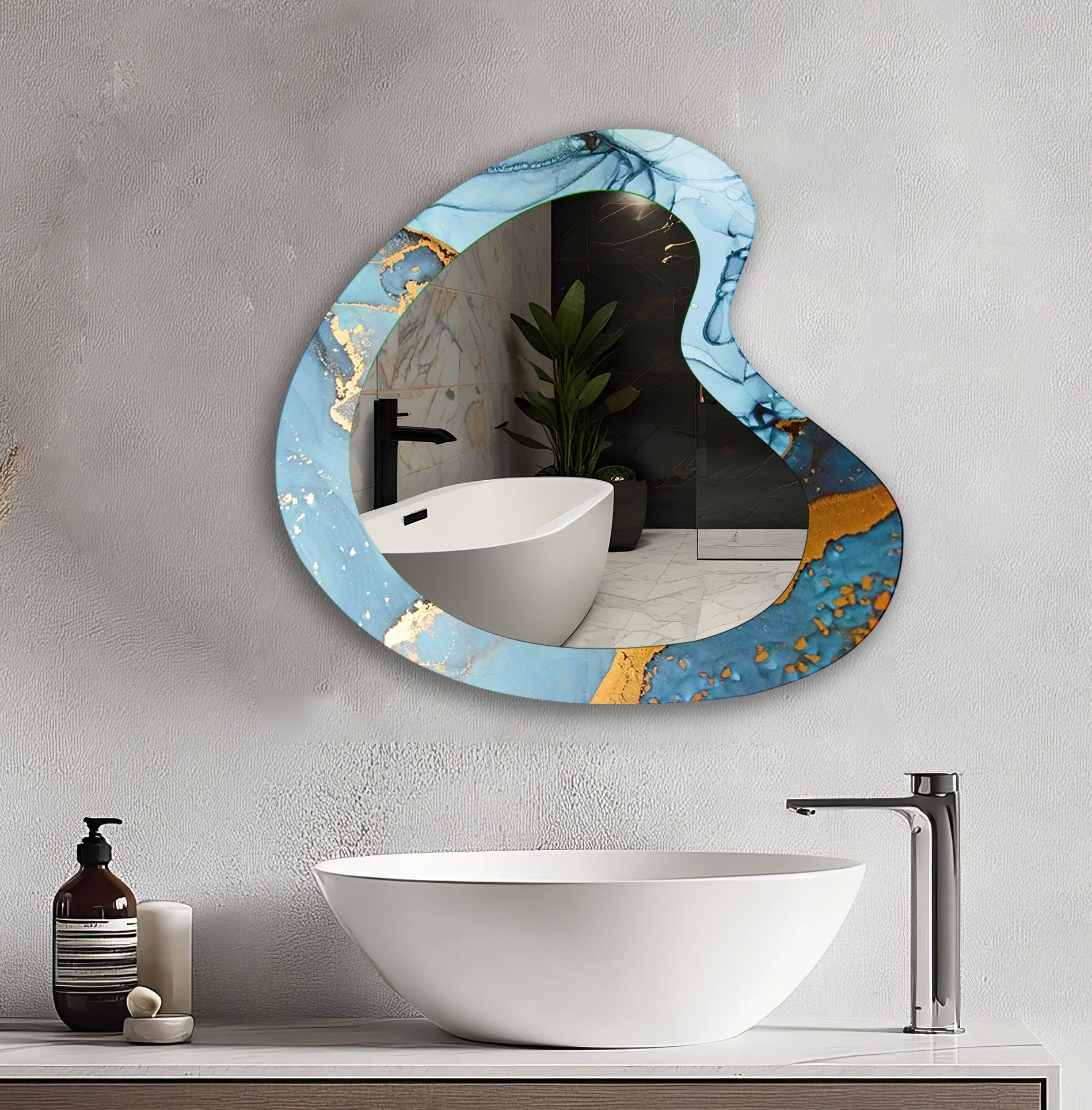 Blue & Gold Alcohol Ink Wall Mirror - Handmade Aesthetic Decorative Mirror for Home, Office & Gifts - Perfect for Living Room, Bedroom & Bathroom Decor