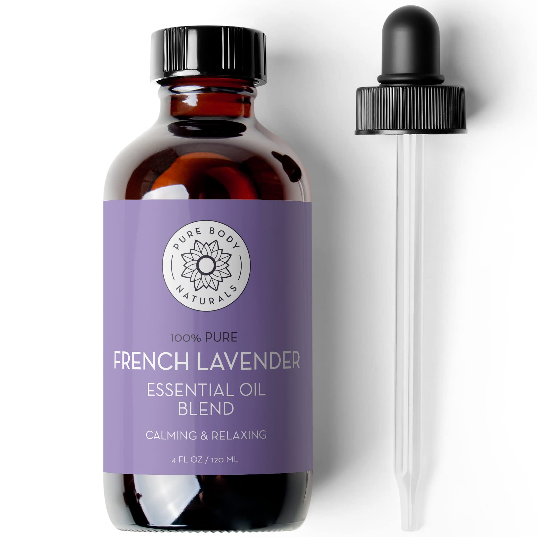 Pure Body Naturals French Lavender Essential Oil - 4 fl oz for Aromatherapy, Soap Making, DIY Skin & Hair Care | Relaxing Massage, Diffuser, Bath & Home Fragrance