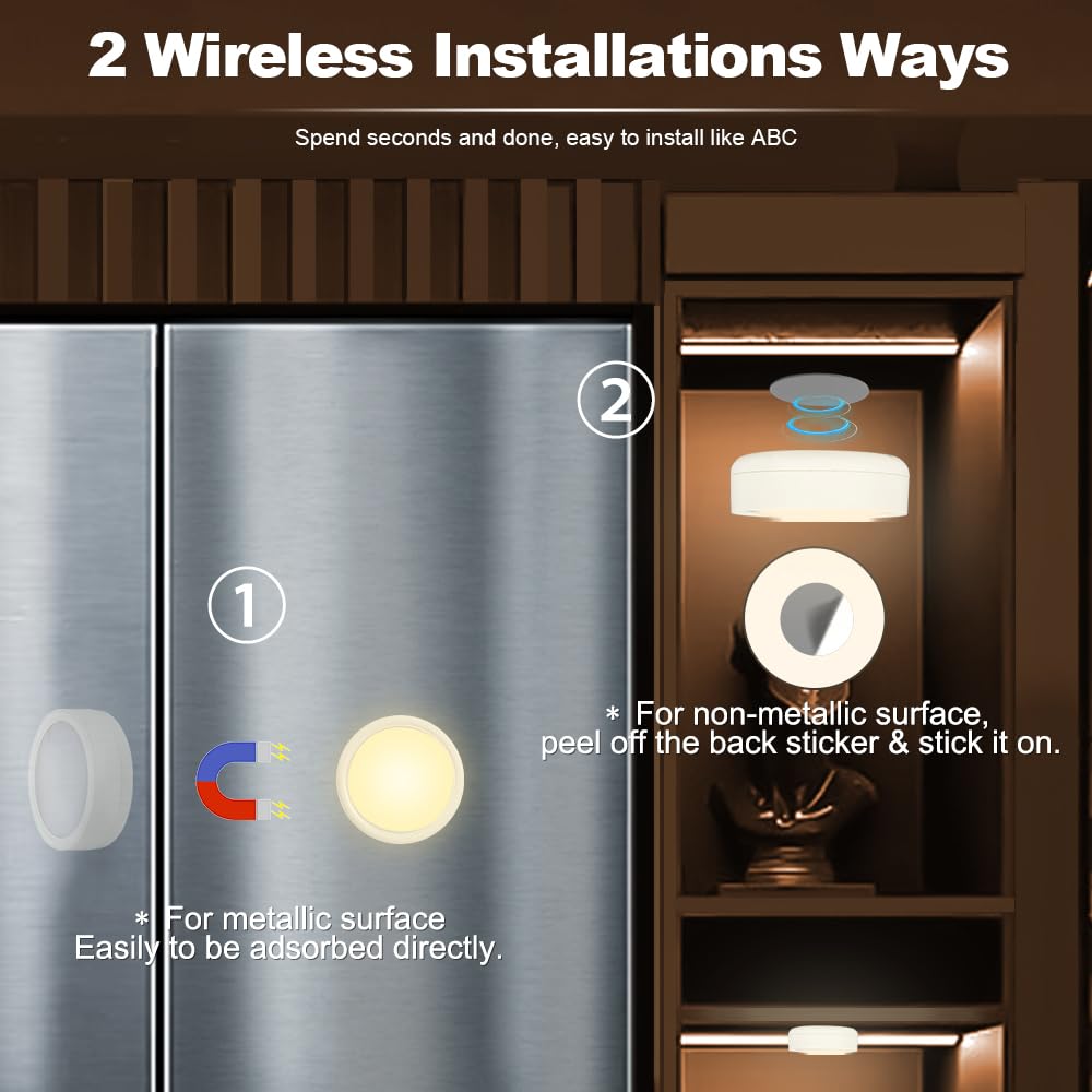 Rechargeable Under Cabinet LED Puck Lights - Wireless Battery Operated with Remote Control, Magnetic Kitchen Counter Lights, Tap Push Stick-on Closet Lighting for Shelves | Perfect for Kitchen, Pantry, Wardrobe & Display Cabinets