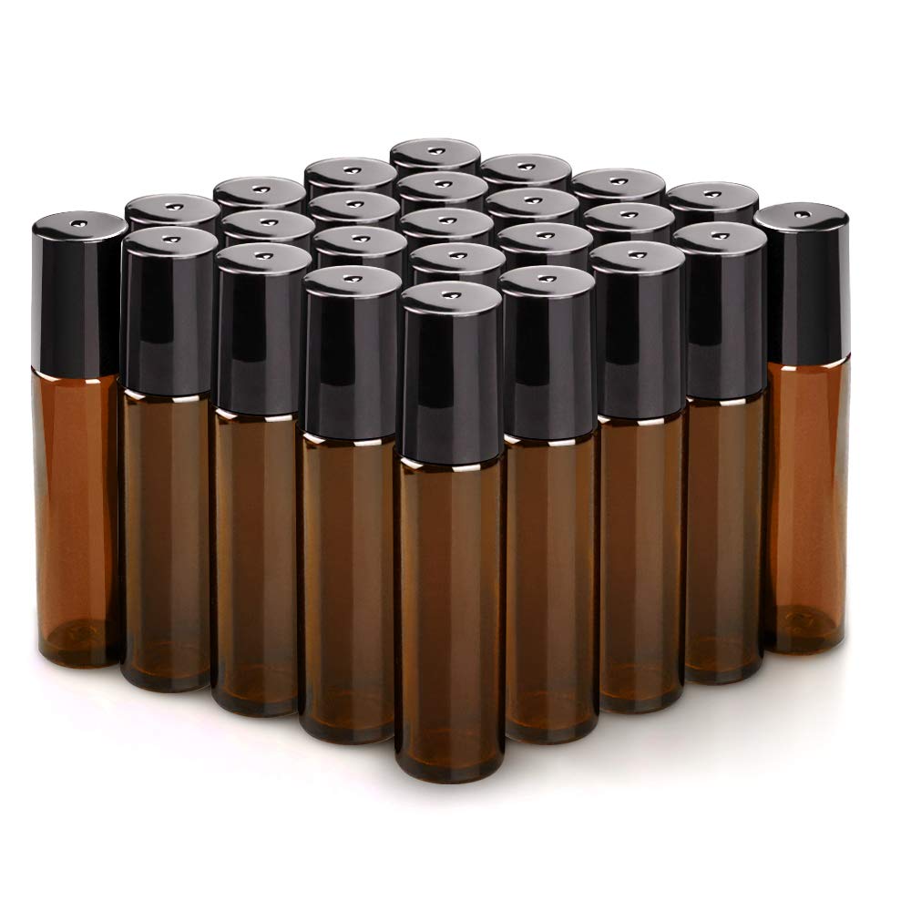 25 Pack 10ml Amber Glass Essential Oil Bottles with Stainless Steel Roller Balls & Caps - Travel Size for Aromatherapy, DIY Perfume, Lip Gloss & Skincare (Leak Proof & Durable) - Perfect for Home, Office & On-the-Go Use