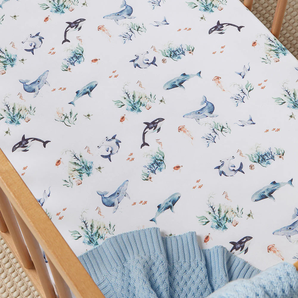 Organic Fitted Jersey Cotton Crib Sheet - Snuggle Hunny - Soft & Breathable Baby Bedding - Ocean Blue - Perfect for Nursery, Daycare & Travel
