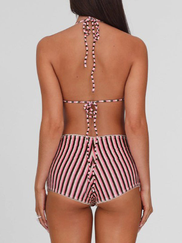 ZASUWA Women's Striped Contrast Color Halter Bikini Set - Sexy Two Piece Swimwear for Beach, Pool & Summer Vacation