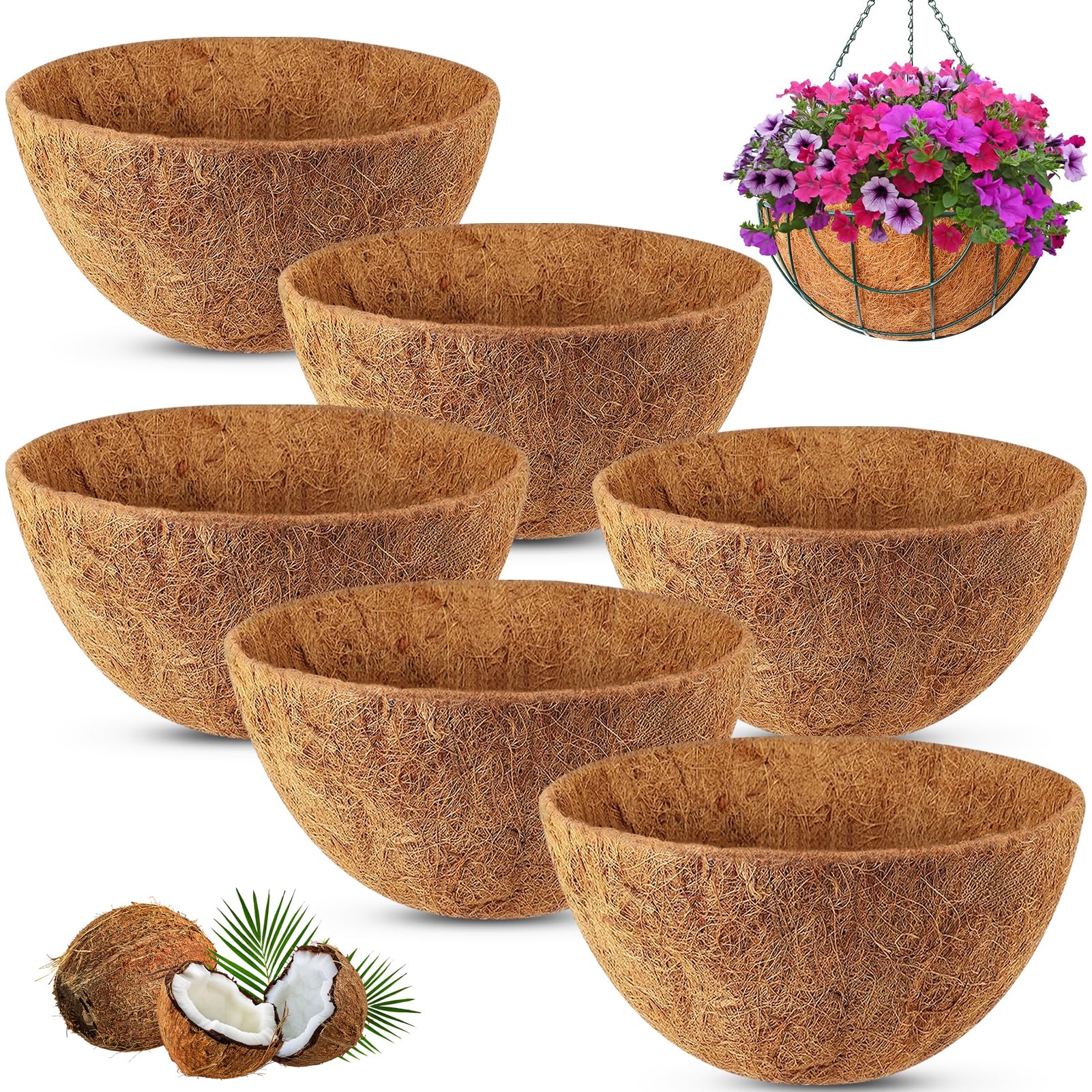 Remiawy 10 Inch Hanging Basket Coco Liners - 6 Pack Natural Coconut Fiber Planter Basket Liners for Outdoor Garden, Flowers & Vegetables | Durable, Eco-Friendly & Breathable Plant Pot Replacement | Perfect for Balcony, Patio & Indoor Decor