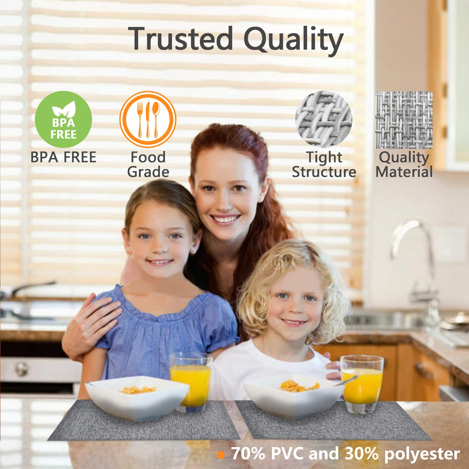 4-Pack Woven Vinyl Placemats for Dining Table - Waterproof & Washable Indoor/Outdoor Placemat Set (Gray) - Perfect for Kitchen, Patio, Picnic & Daily Use