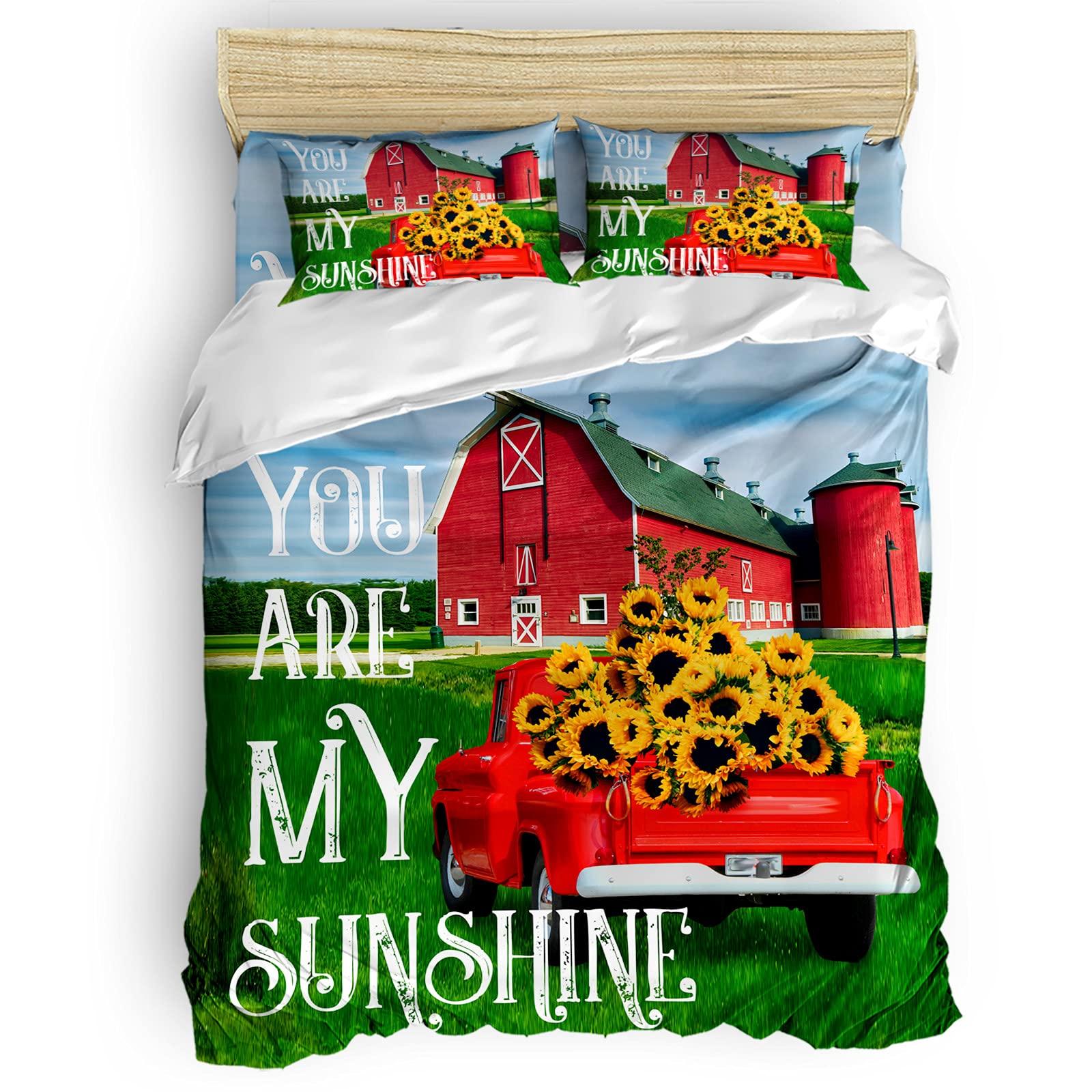 You Are My Sunshine Red Truck with Sunflower Queen Comforter Set - 4 Piece Lightweight Microfiber Duvet Cover & Soft Bedding Set for Adults & Teens - Farmhouse Red Barn Country Decor for Cozy Bedroom Retreat