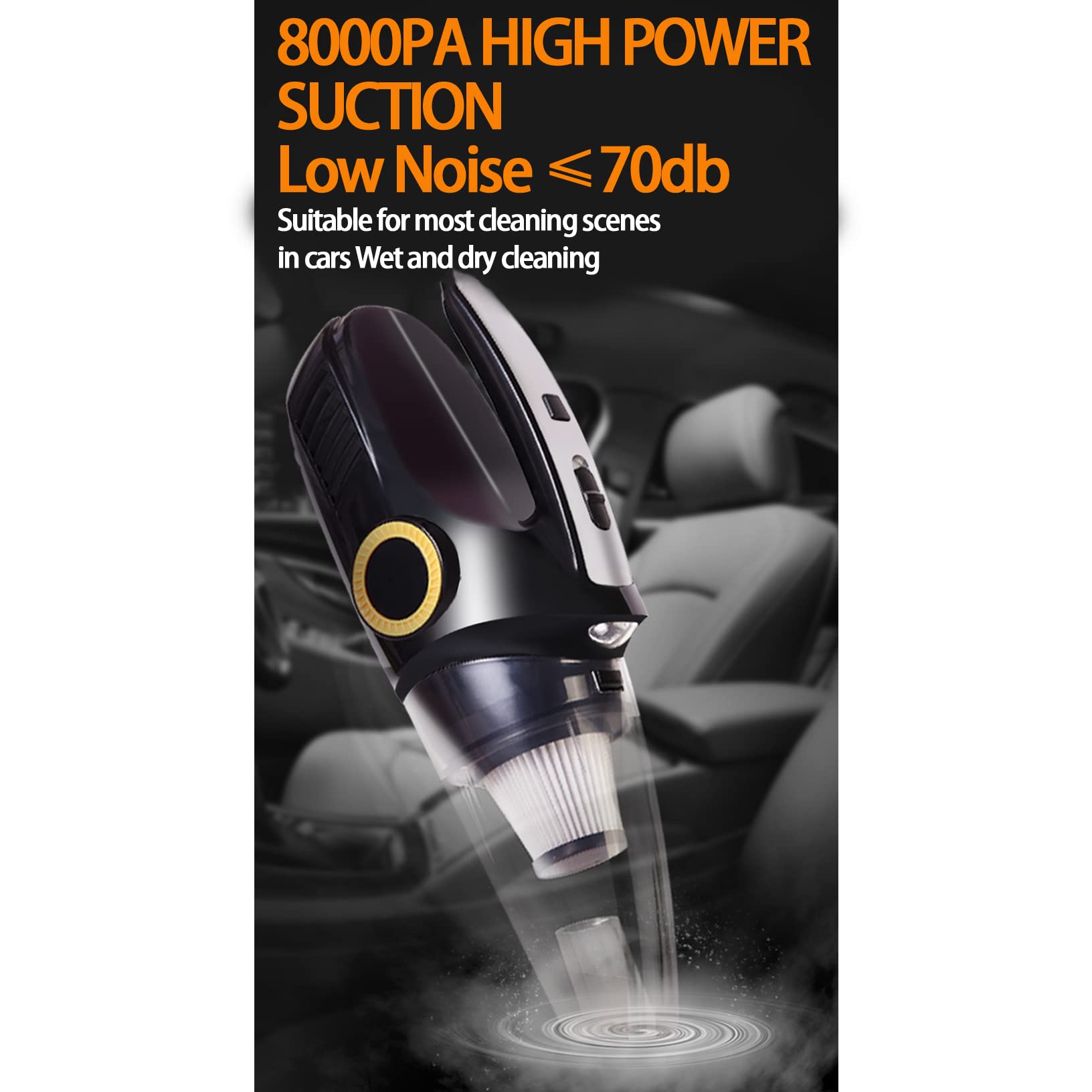 8000Pa High Power Handheld Car Vacuum Cleaner - Mini Portable Wet/Dry Vacuum for Pet Hair & Car Interior Detailing with 15ft Cord & LED Light | Perfect for Car Cleaning, Home Use, and Pet Hair Removal