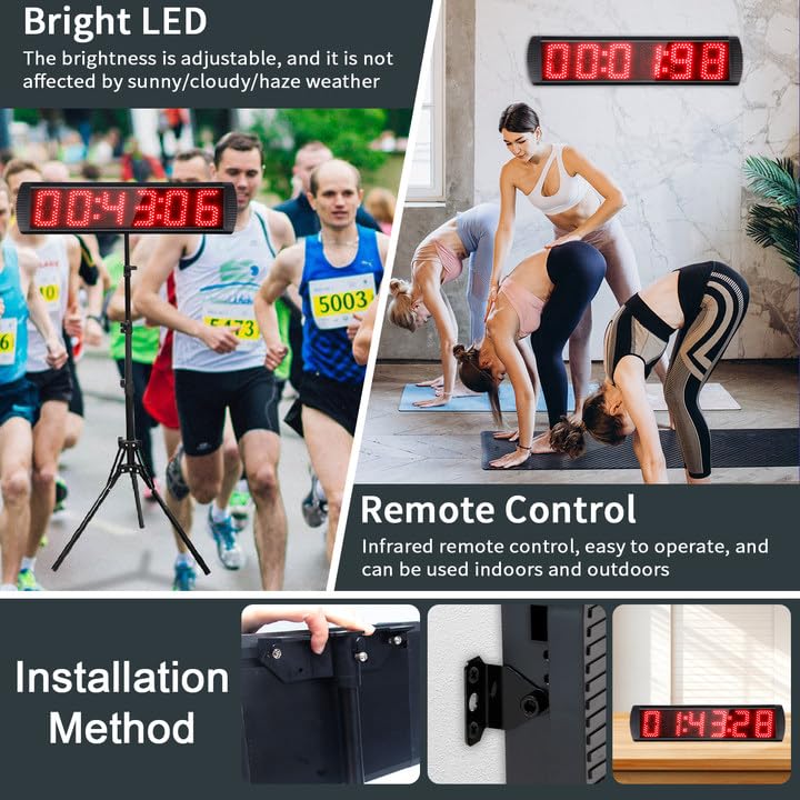 Portable 5-Inch High 6-Digit LED Race Clock with Tripod - Digital Countdown/Up Timer for Running Events, 12/24-Hour Display, Remote Control Stopwatch - Perfect for Track Meets, Marathons & Sports Timing